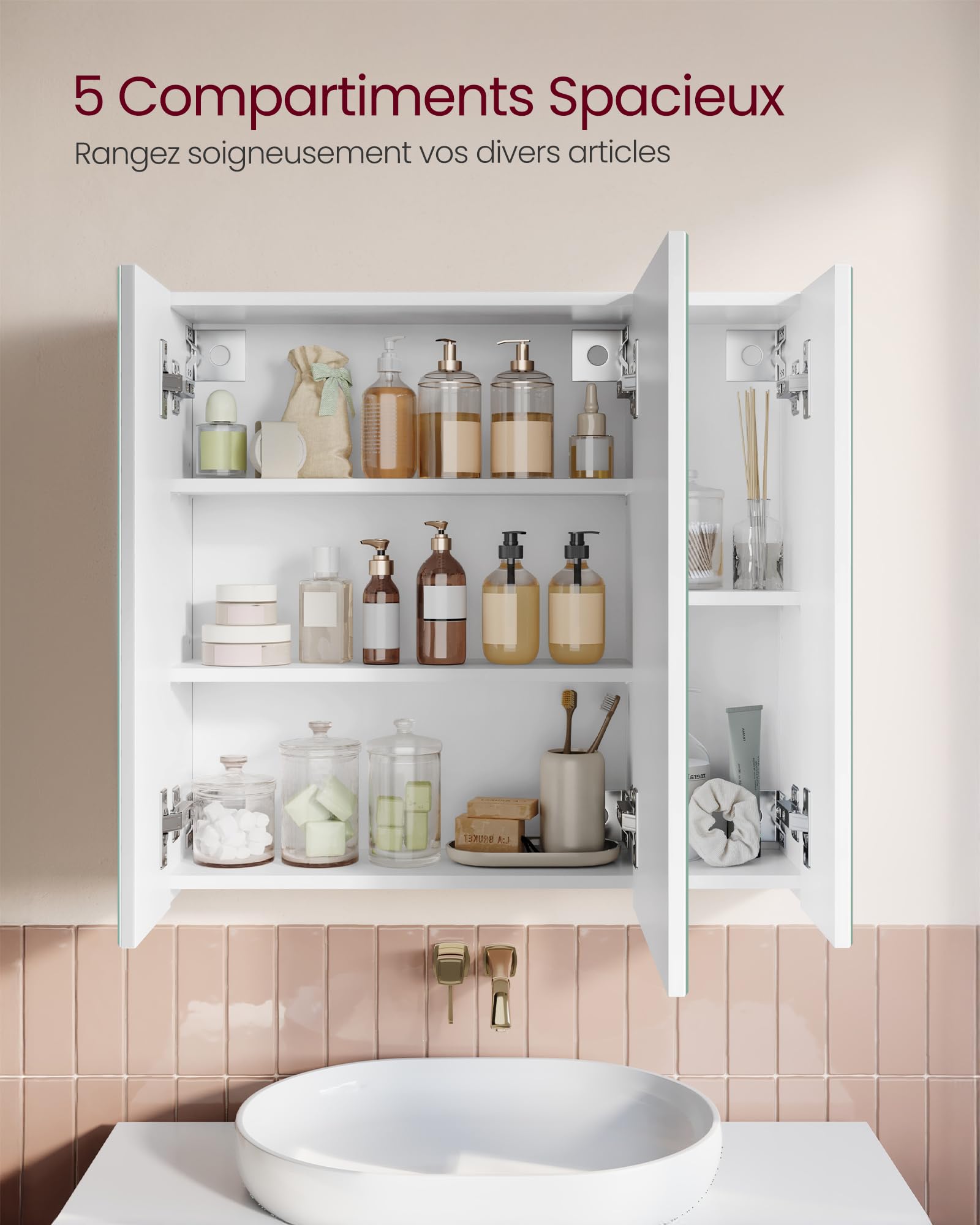 VASAGLE Collection KAILYN - Armoire Murale Salle de Bain, avec Miroir, 3 Portes, 60 x 15 x 55 cm, avec Étagère Réglable, Moderne, Blanc BBK22WTV1