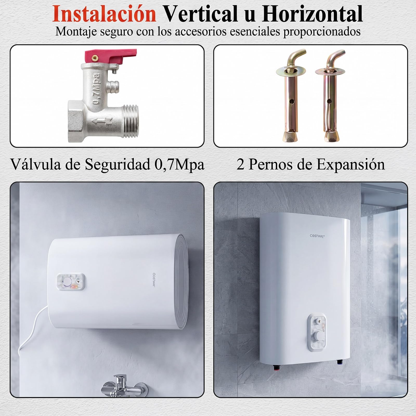 COSTWAY Calentador Agua Electrico 25L, Termo Electrico Vertical/Horizontal | Tanque Doble, Temperatura 30-75 ℃, Elemento Calefactor Seco, Válvula Seguridad,Baño Cocina, Blanco