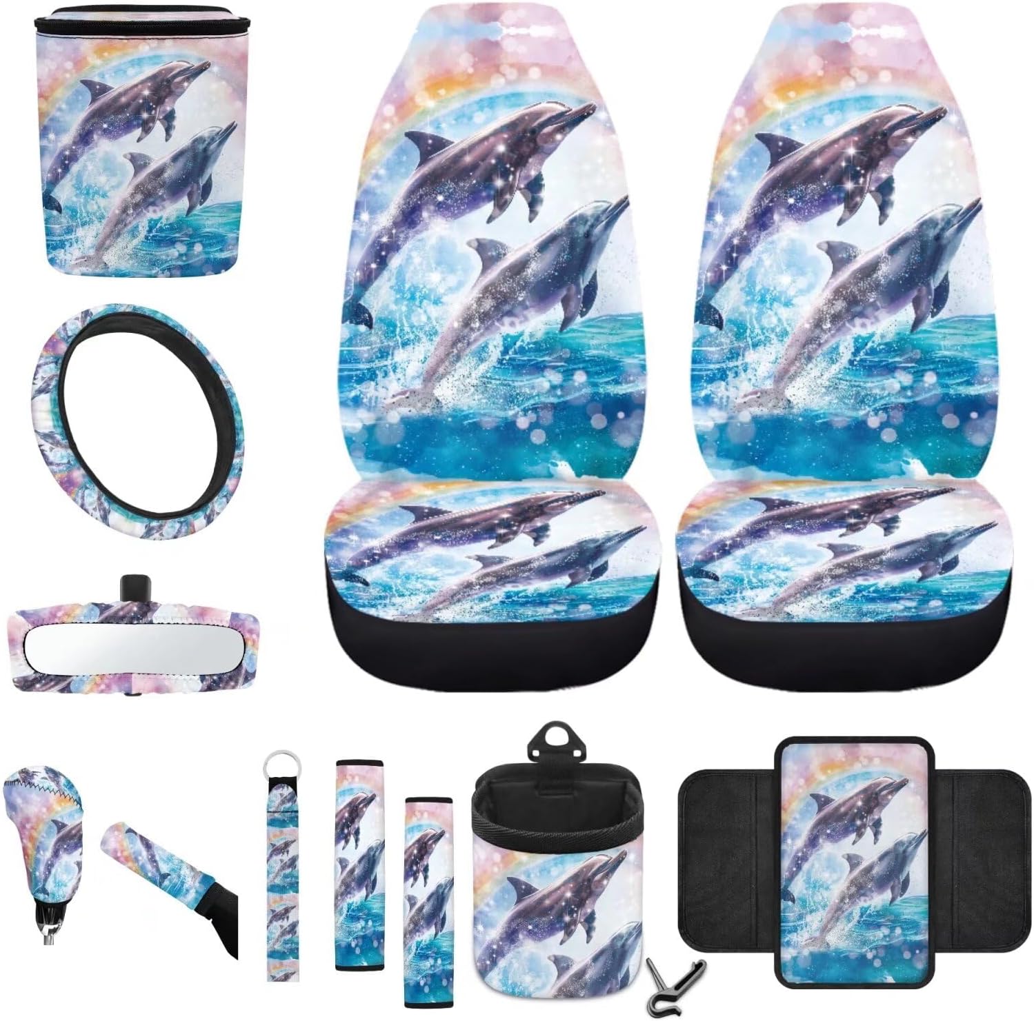 Dolphin Rainbow Pattern 12 Pcs Car Seat Covers Full Set Steering Wheel Protector Car Trash Bin Air Vent Pouch Seat Belt Pad Keychains Armrest Cover Handbrake Cover Rearview Mirror Cover