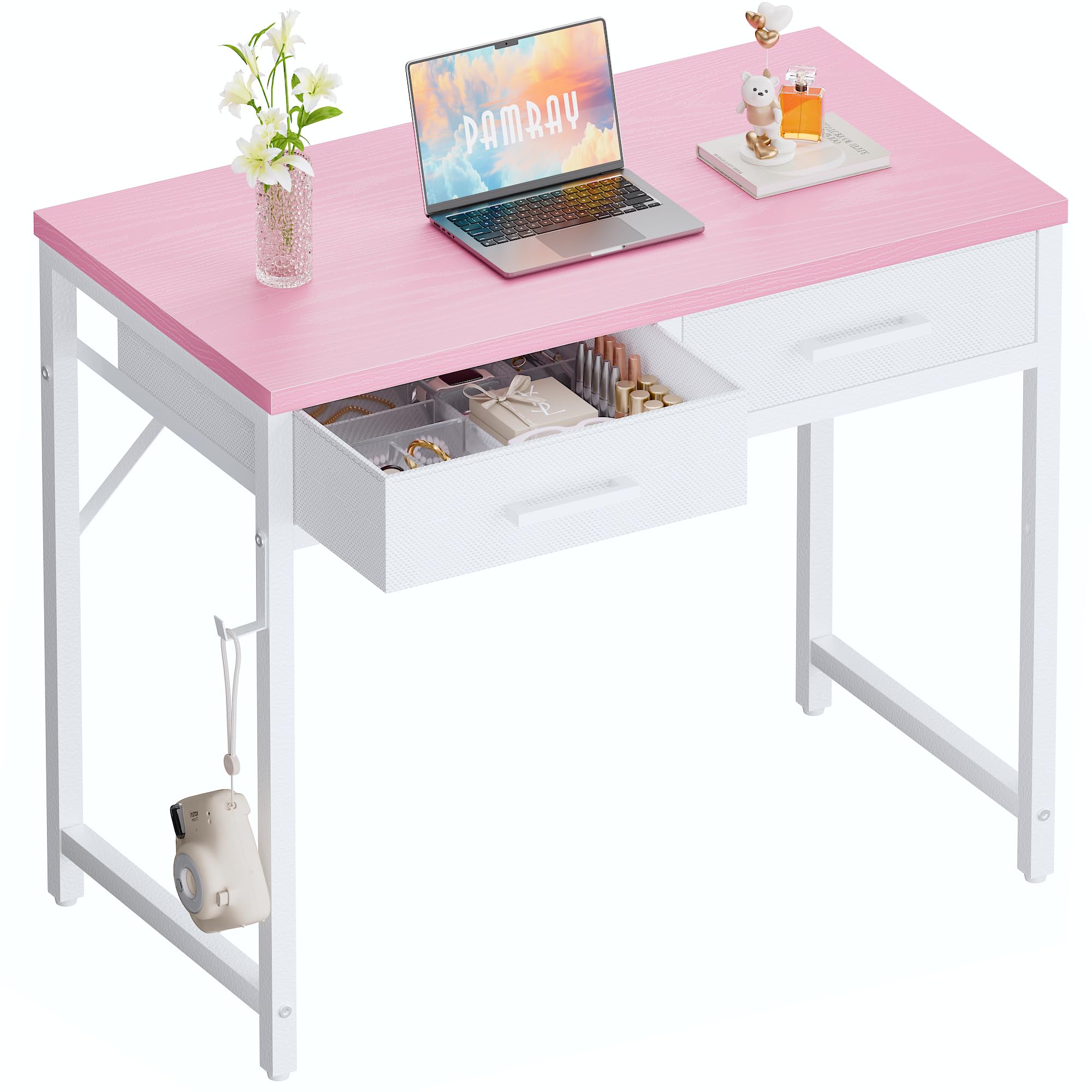 PAMRAY 80cm Small Computer Desk with 2 Drawers for Bedroom Study Writing Home Office Table for Small Spaces Pink โ image 1