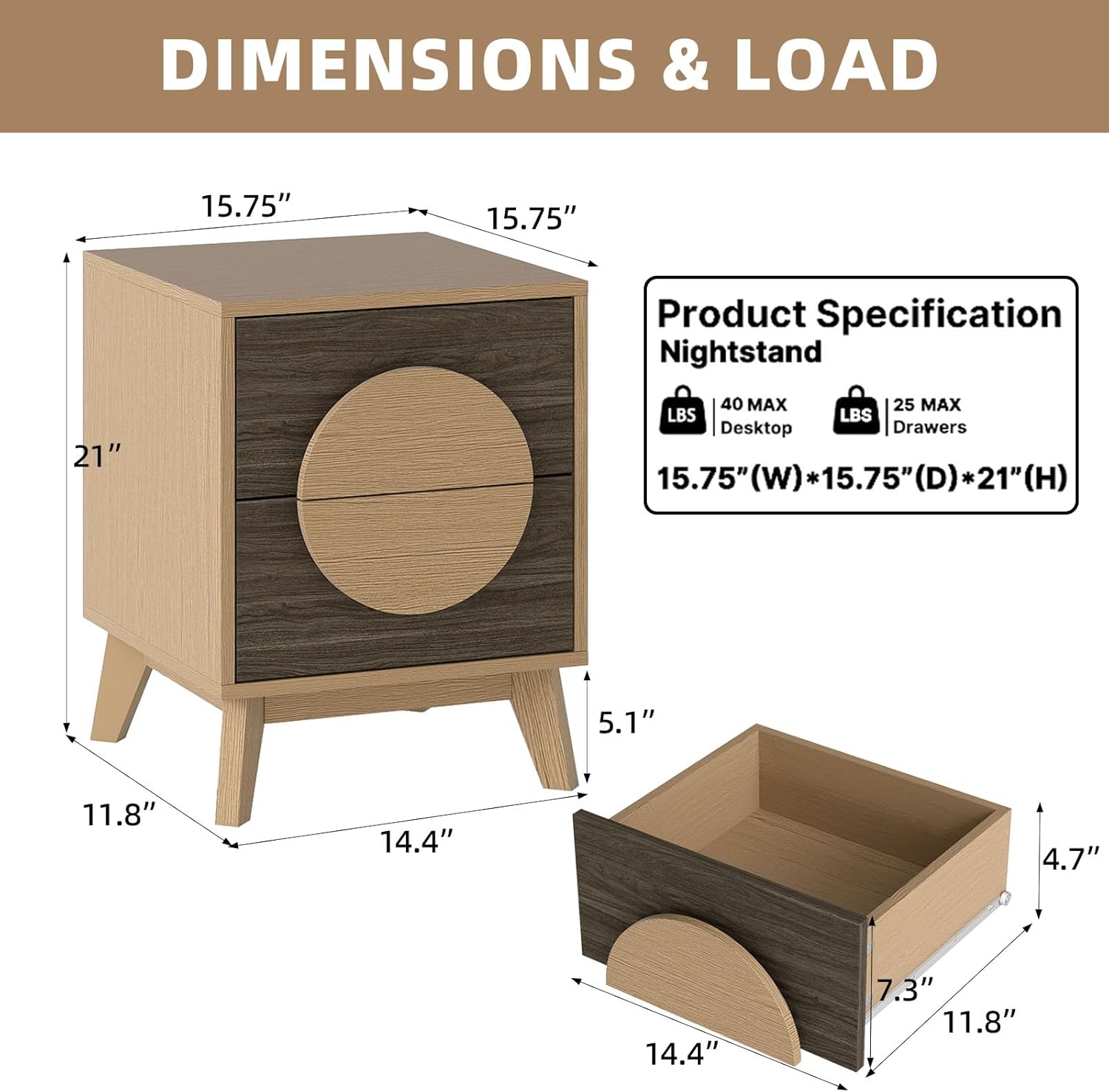BREEZEHEAT Nightstands Set of 2 - Mid Century Modern Night Stand with Drawer and Round Handle, Oak Wood Bedside Table End Side Table for Bedroom
