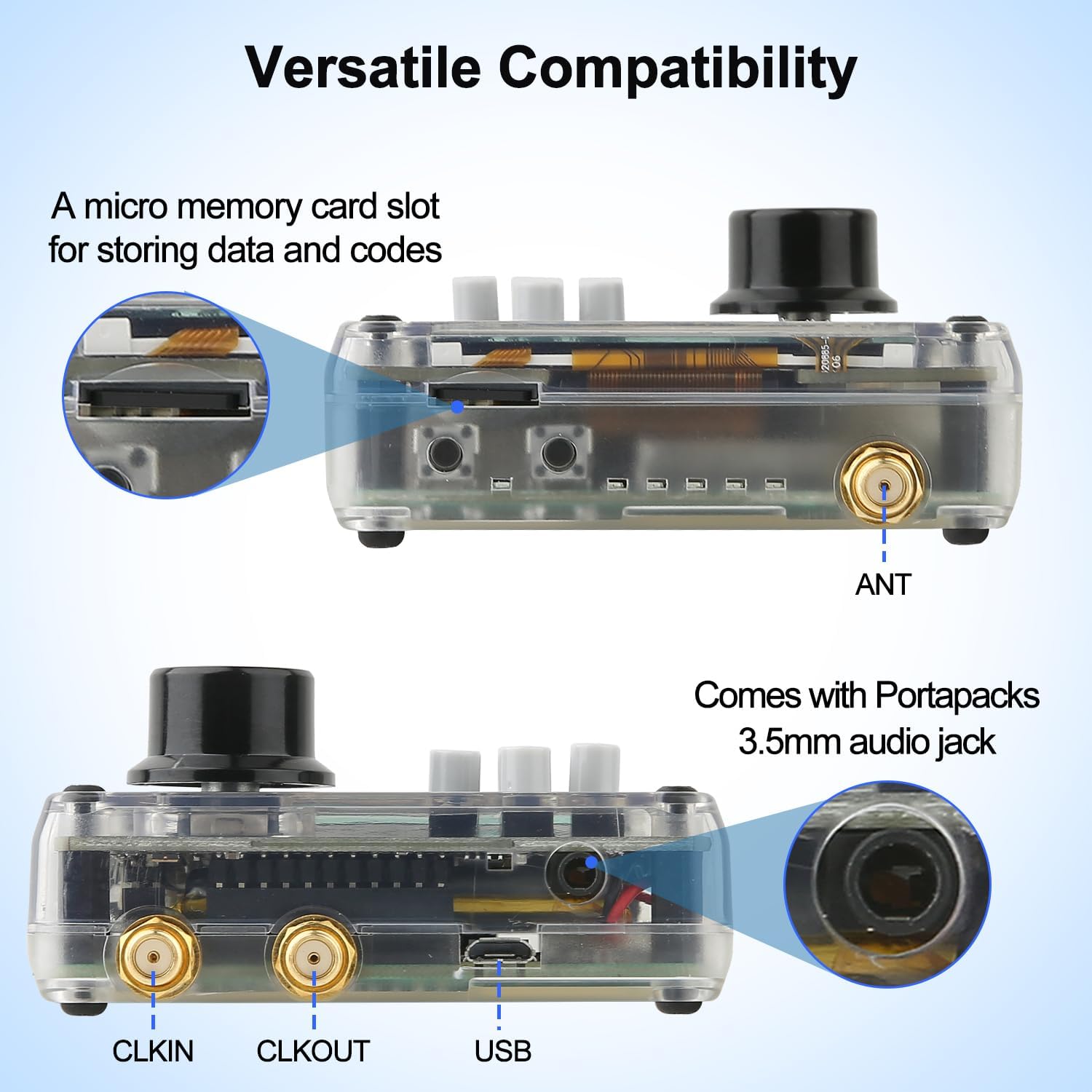 Close-up of Portapack H2 ports including ANT, CLKIN, CLKOUT, USB, and 3.5mm audio jack