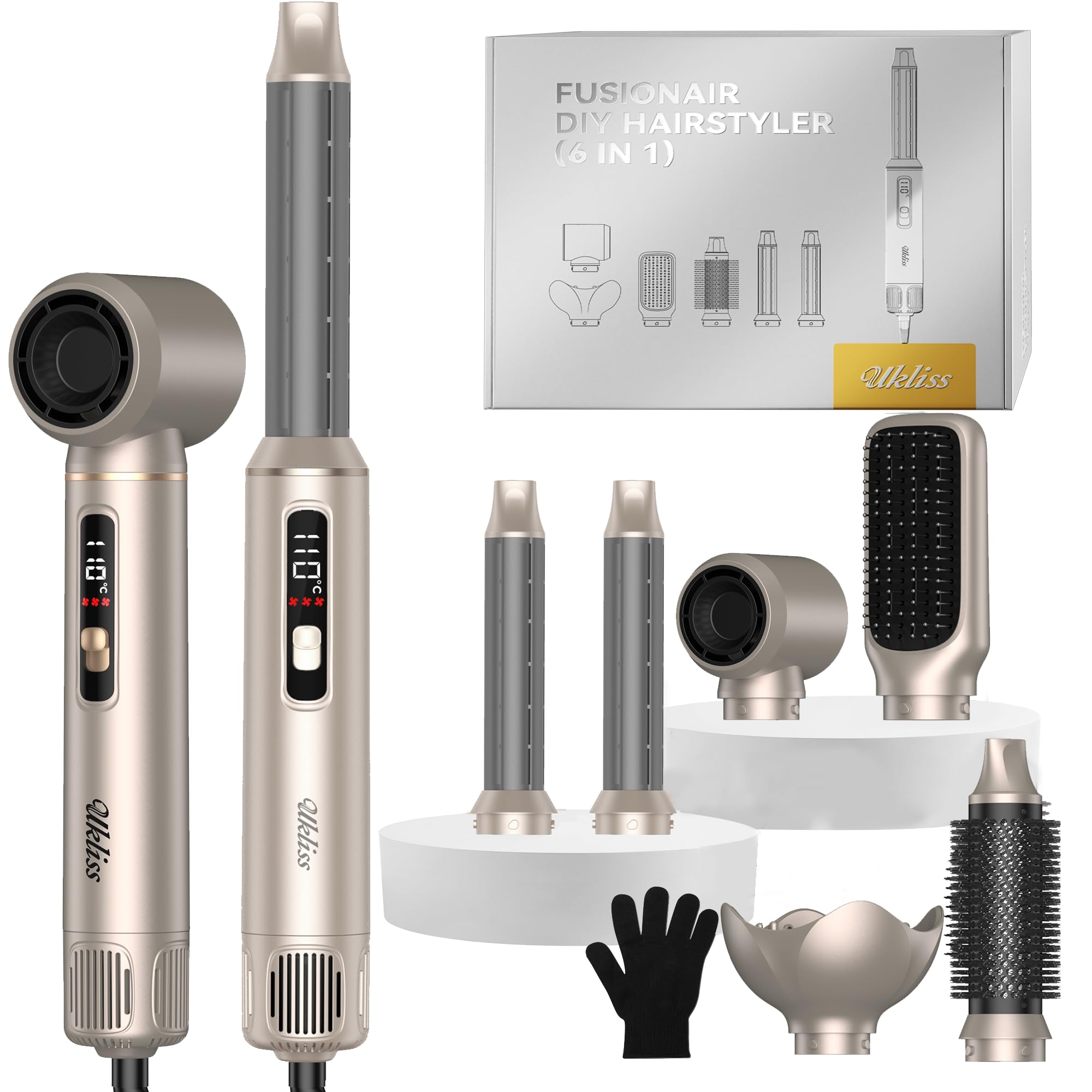 UKLISS Seche Cheveux 6 en 1 Hair Styler avec LCD-Display | Brosse Soufflante Brushing Hairstyler Boucleur a Cheveux Hair Dryer Airbrush Brosse Lissante | Cadeaux pour Femmes Styling - Gold