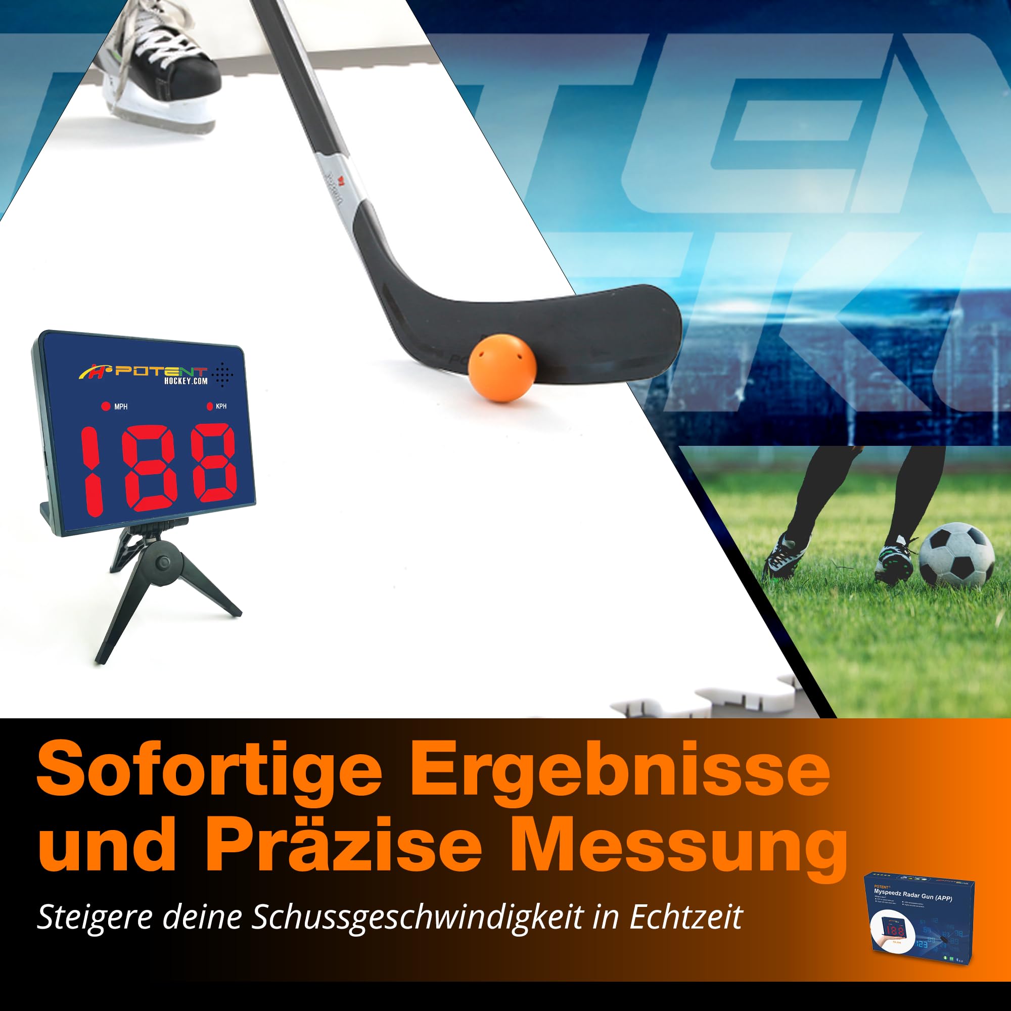 Potent Hockey, Fußball & Racket Ball Speed Radar Gun – Präzises Geschwindigkeitsmessgerät – Tragbar & wiederaufladbar – Für Android & iOS – Ideal für Eishockey, Fußball & Racket Ball