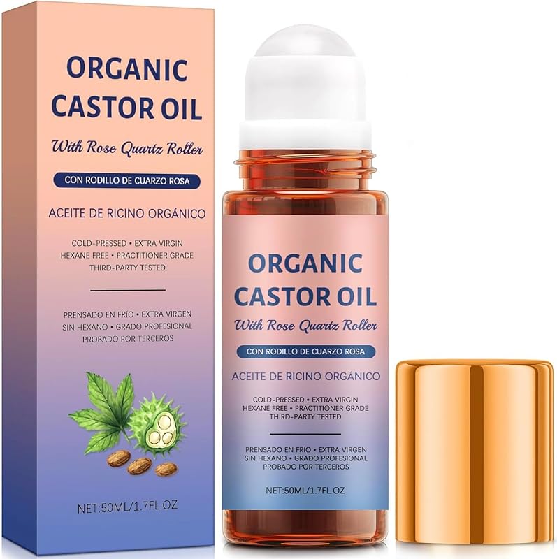 Óleo de rícino orgânico Jianeil com roll-on de quartzo rosa, prensado a frio, sem hexano, frasco de vidro âmbar, 50 mL