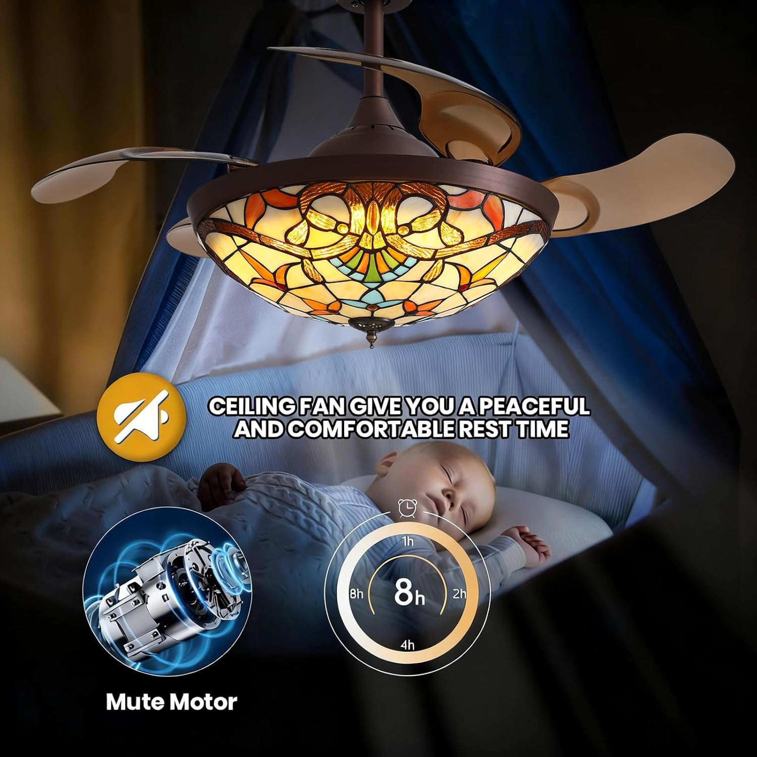 Siljoy 42" Tiffany Ceiling Fan with Lights, Stained Glass Ceiling Fan Vintage Ceiling Fan with Remote Control Dimmable Fandelier with 4 Retractable Reverse Blades for Bedroom, Living and Dining Room