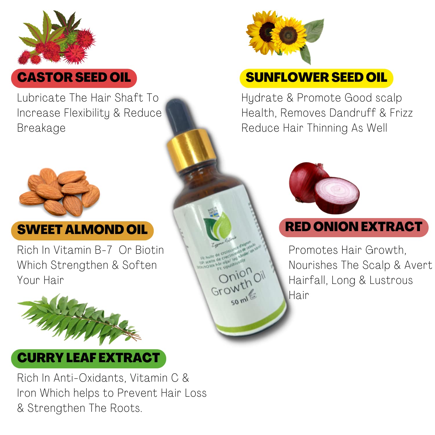 Zyzven Naturals Onion Growth Oil – Multipurpose Scalp & Hair Nourishing Oil with Castor, Black Seed, Moringa & Essential Oils – 50ml