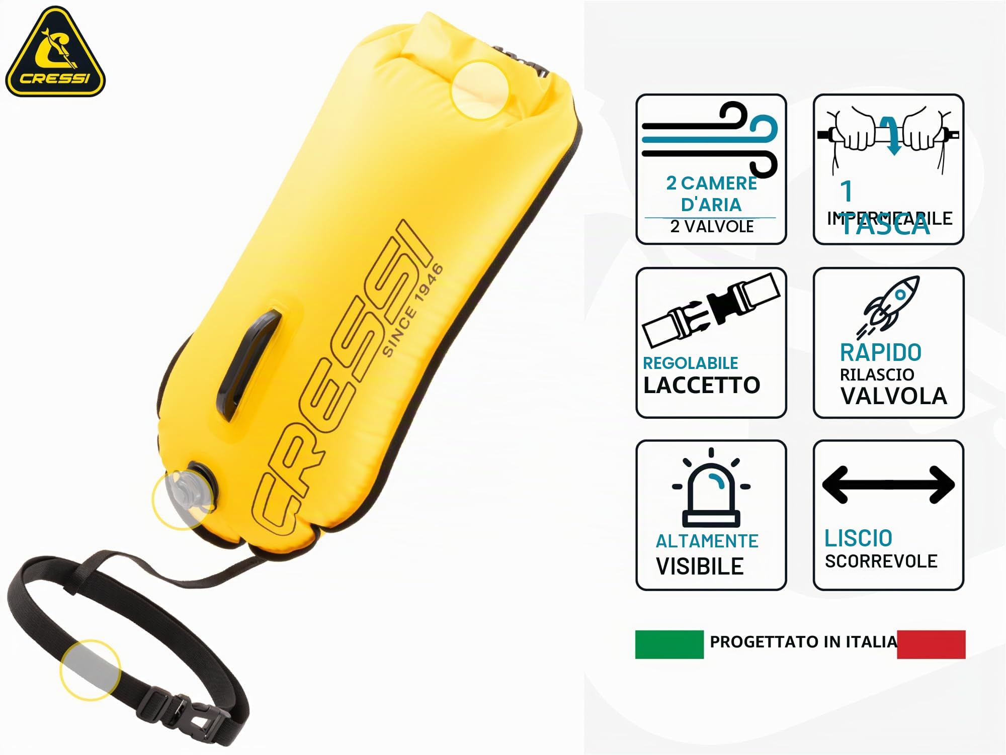 CRESSI dal 1946 - Glide Swim Buoy - Boa di Segnalazione Gonfiabile Pratica e Compatta per Massima visibilità di Nuotatori, Snorkelisti e Triatleti in Mare o Acque Libere Libere