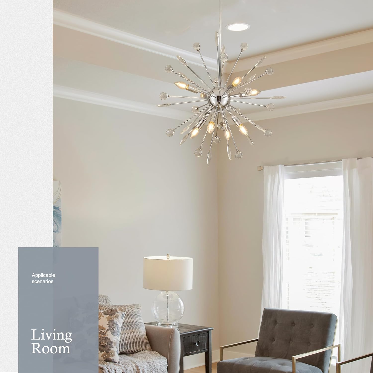 27.3" 8-Light Silver Sputnik Chandelier Modern Industrial Adjustable Firework Globe Ceiling Fixture for Living Room, Entryway, Dining, Bedroom, Hallway, Stairway