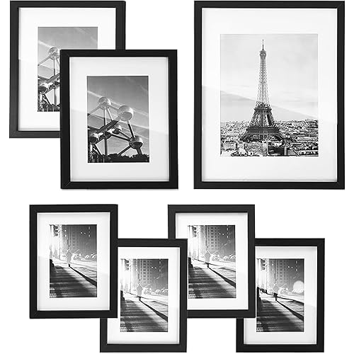 SONGMICS Gallery Wall Frame Set, Multi Picture Frames Set of 7, One 11x14, Two 8x10, Four 6x8 Collage Photo Frame with White Mat, Glass Front, Hanging or Tabletop Display, Black