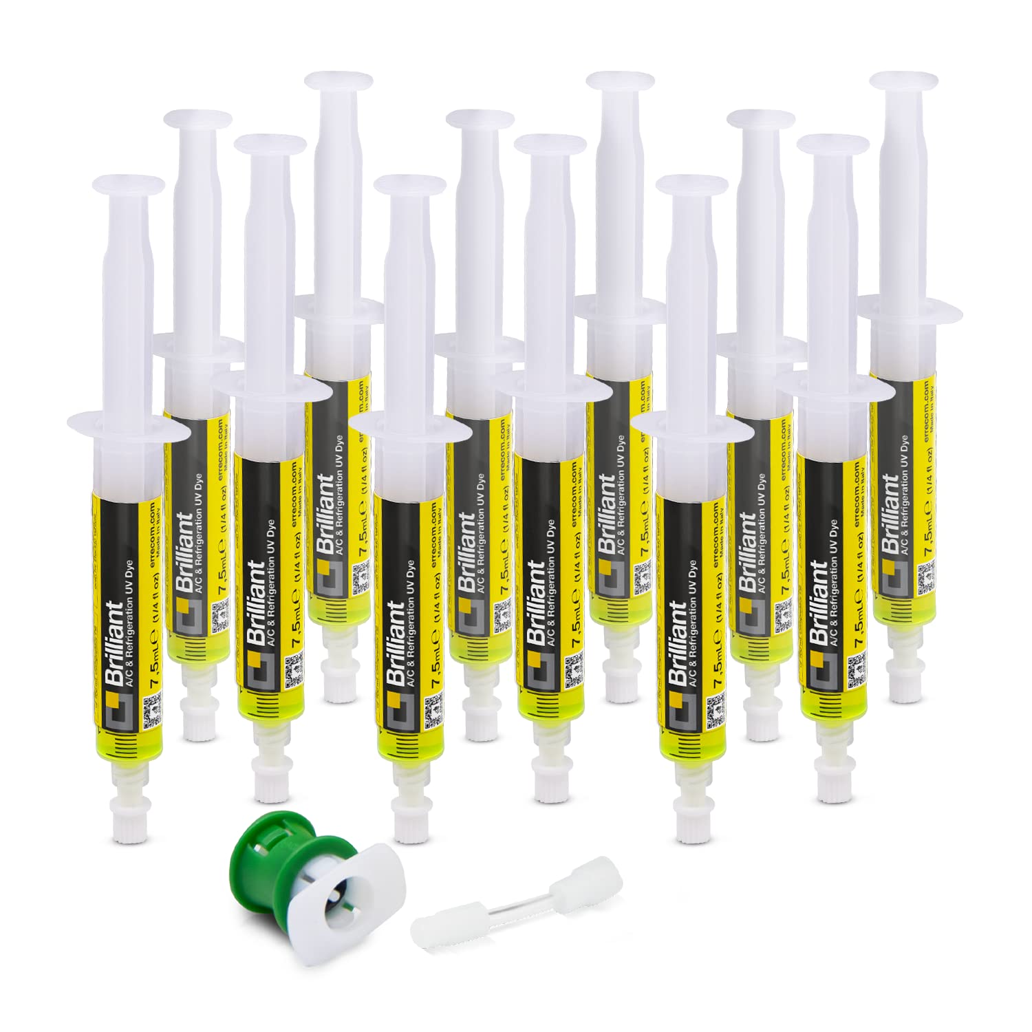 Errecom Brilliant - 12 x 7.5 ml, Fluorescent UV Dye for Detecting Refrigerant Gas Leaks in Vehicle A/C Systems, Includes R1234yf Adapter