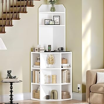 GOOBED Corner Shelf Cabinet, Modern Corner Storage Rack with Charging Station, Wooden Display Bookshelf Bookcase for Living Room, Bedroom, Dining Room, Kitchen, White