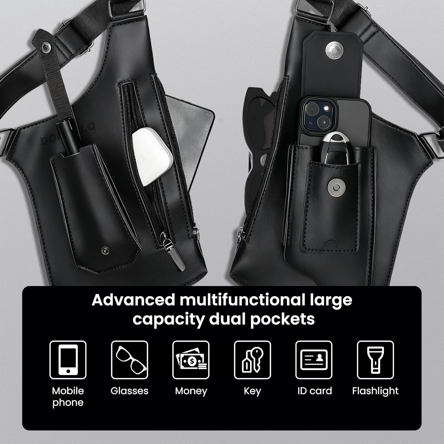 Leather Double Shoulder Armpit Bag for Men Underarm Concealed Rover The Holste Vest for Mens Adjustable Leather Bag (Black) - Image 2