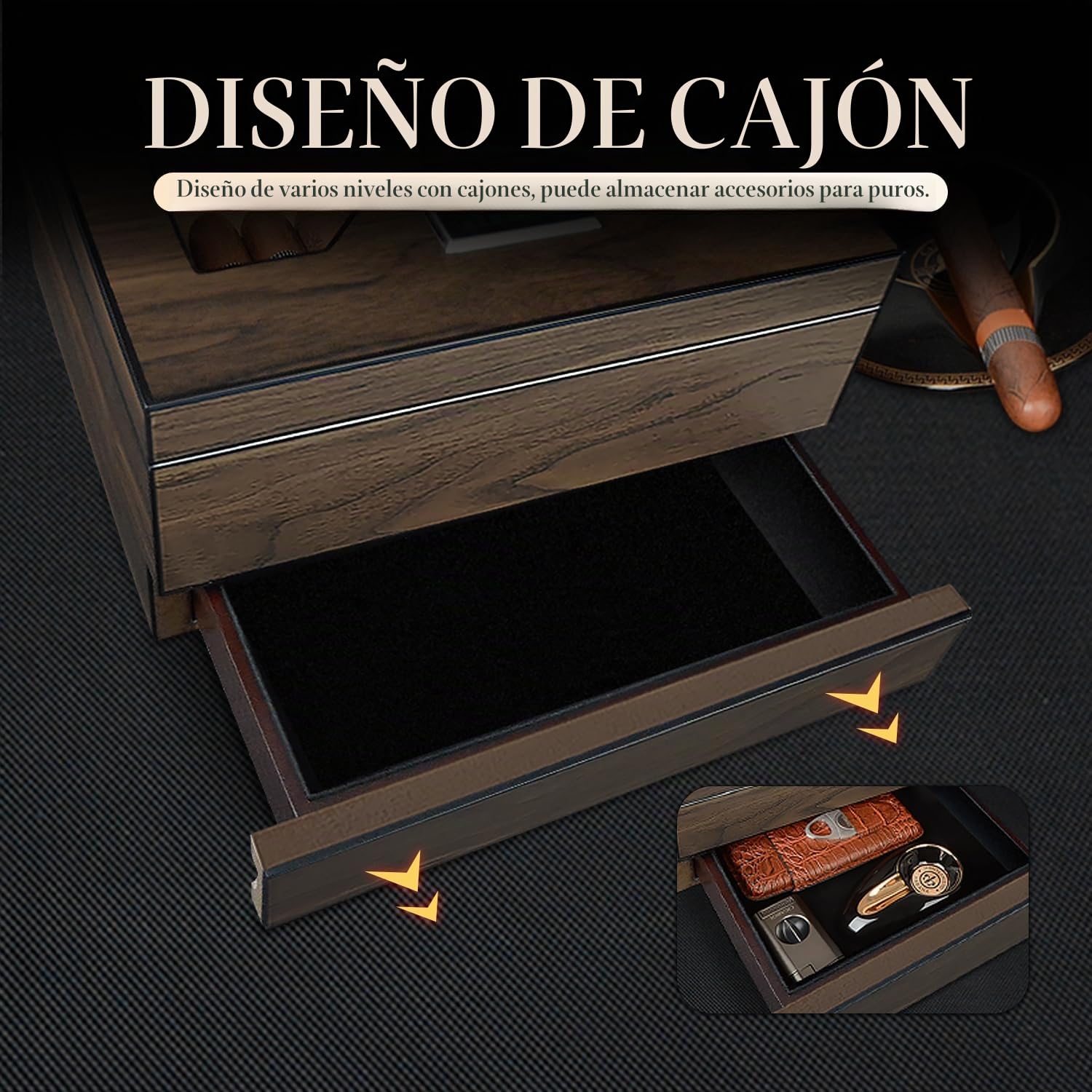 Humidor, Humidor Puros de Madera de Cedro con Higrómetro y Humidificador, Caja Puros Hecho a Mano con Cajón para 25-30 Cigarros, Grandes Regalos para Hombres (Puros no Incluidos)