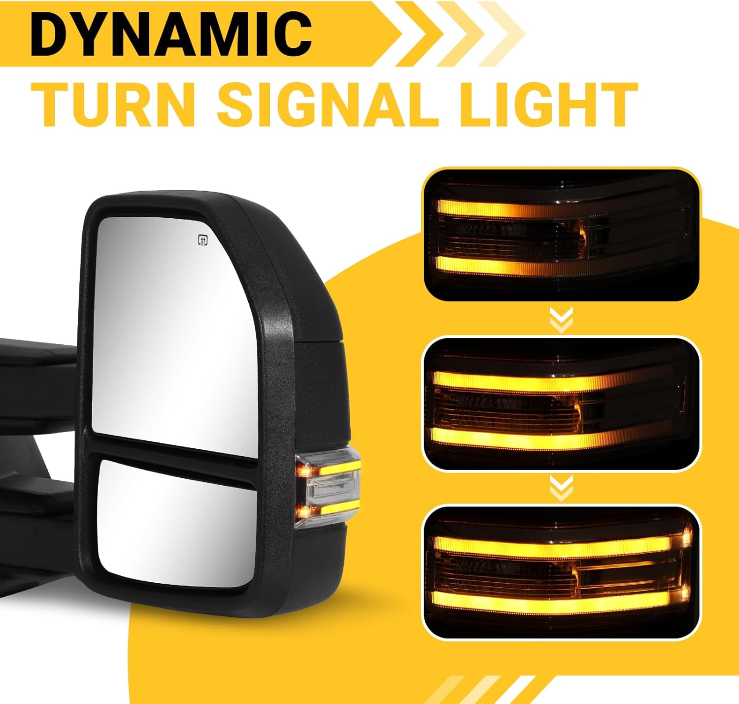 Towing Mirrors for 2015-2020 F150 Ford Tow Mirrors with Sequential Turn Signal & Running Light Heated Power Glass Temp Sensor No BSM Pair Set White Lens, Unpainted Black