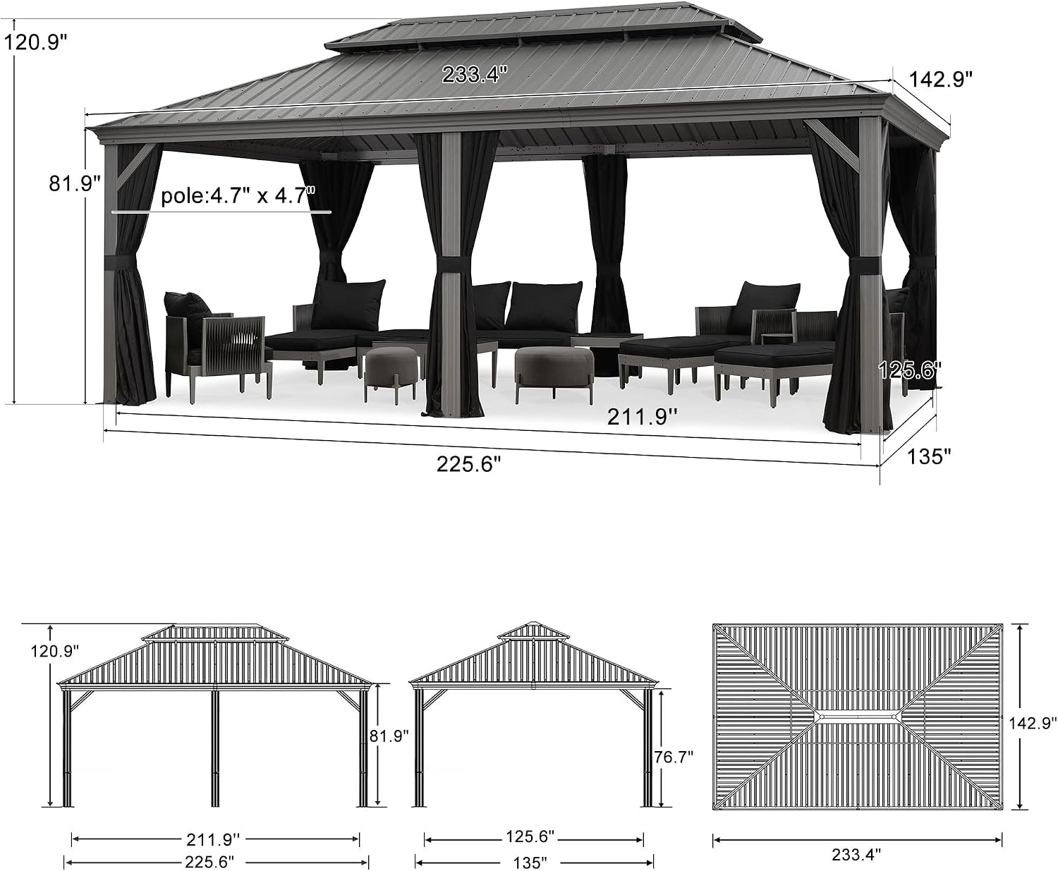 Detailed diagram showing all dimensions of the PURPLE LEAF 12x20 gazebo, including length, width, and height measurements