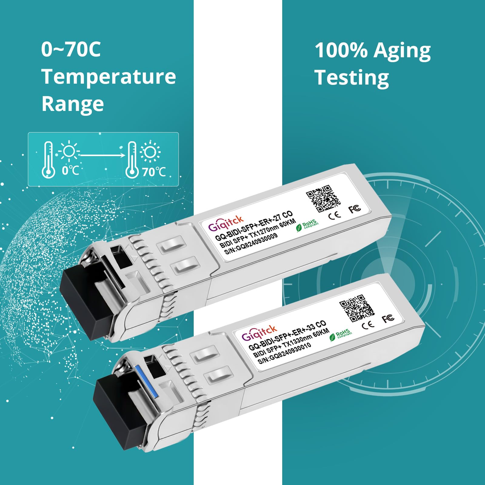 1 paire de modules 10GBASE-BX60-UD BiDi SFP+, TX 1270 nm/1330 nm, RX 1330 nm/1270 nm, 60 km DOM Simplex LC/UPC SMF réseau émetteur-récepteur optique Mini Gbic pour générique