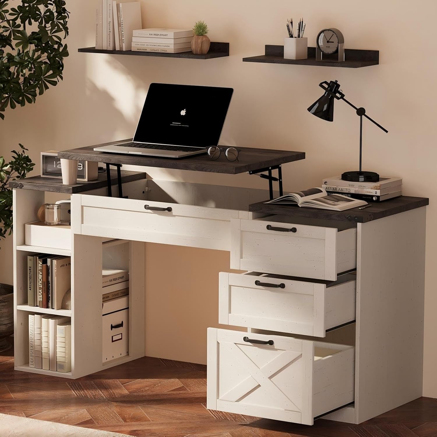 Farmhouse Lift Top Desk: Rustic Wood Standing Desk with 3 Drawers & Open Storage Shelves, Adjustable Height, White & Brown Home Office Computer Desk for Work, Study, Writing (White+Dark Walnut)