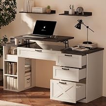 Farmhouse Lift Top Desk Rustic Wood Standing Desk with 3 Drawers & Open Storage Shelves, Adjustable Height, White & Brown Home Office Computer Desk for Work, Study, Writing White+Dark Walnut