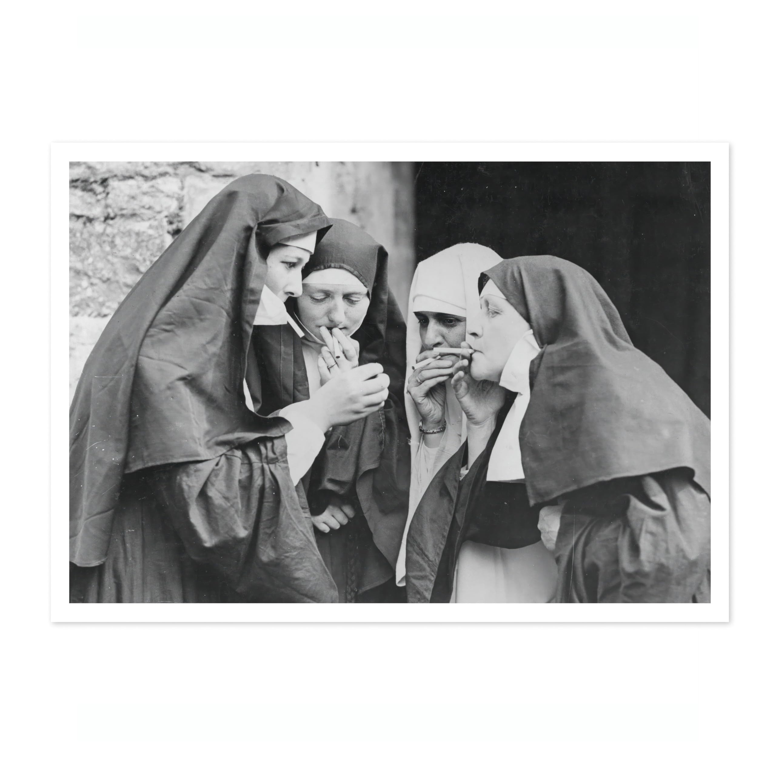 Smoking Nuns Poster Black & White Vintage Photography Print Minimalist Modern Interior Decoration, Archival Matte, A5 (Print Only) - 21x14.8cm