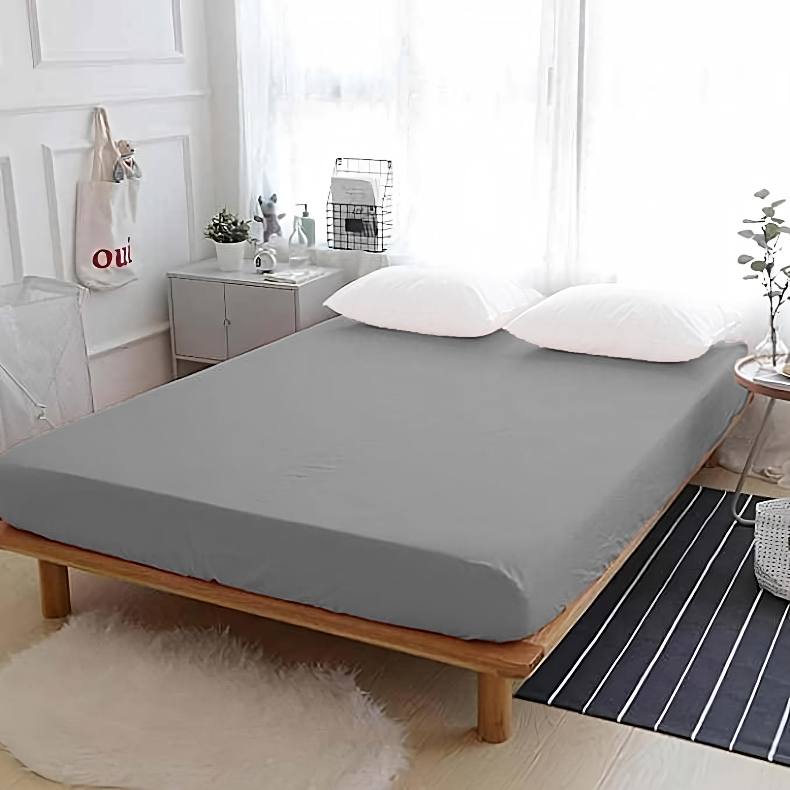 APEX FURNISHINGS Grey Super King Fitted Sheet Easy Care 100% Egyptian Cotton Fabric Breathable 300 Thread Count Bed Sheets(180x200cm)