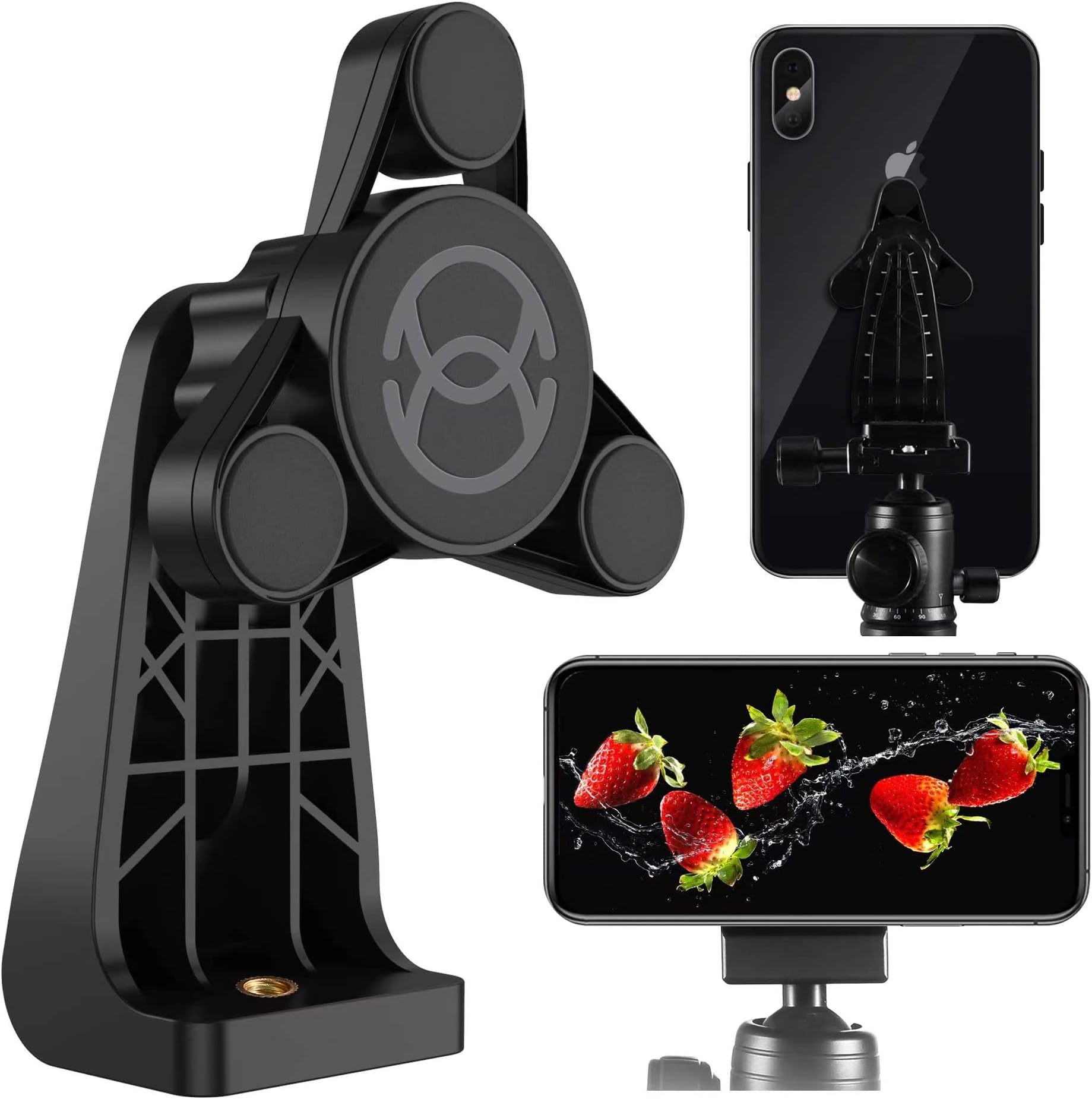 Strong Magnetic Tripod Mount Fit for Phones and Pad, Vertical and Horizontal Allowed Rotatable Tiltable Anti-Wobble Phone Tripod Mount, 1 Sec Single Hand Easy Operate Phone Holder for Tripod