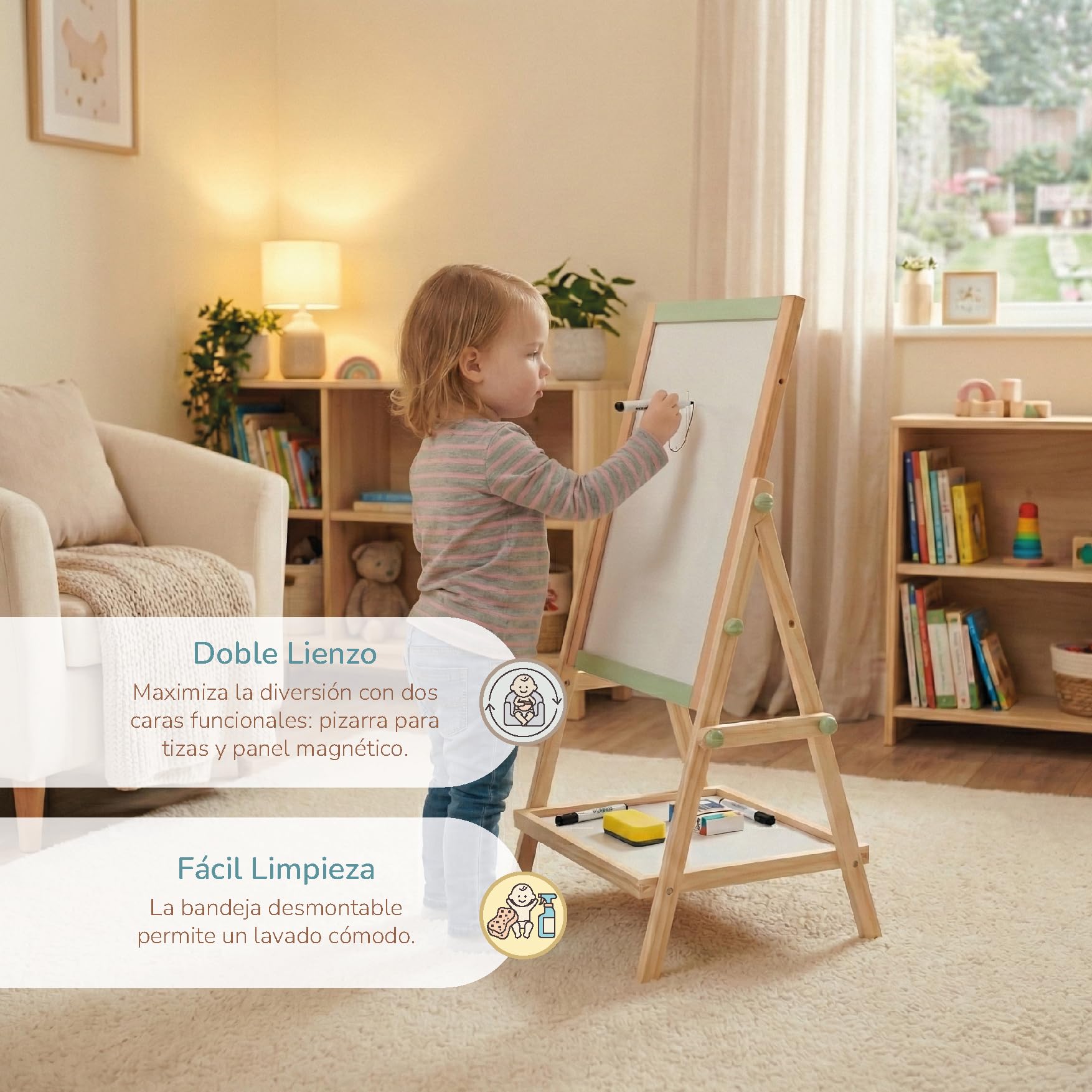 Buddy Baby - Pizarra Creativa 2 en 1 CreativeBoard - Desde 3 años - Superficie blanca y tiza - Incluye caja de tizas, 2 borradores y 1 boli - Balda inferior para accesorios - Ajustable en altura