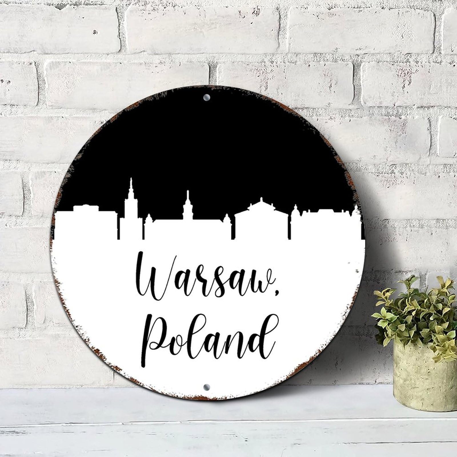 Yelolyio Poland Warsaw Skyline Silhouette Welcome Sign Front Door Railway Standard Metal Sign Warsaw Cityscape Metal Tin Sign 9X9in Retro Metal Plaque For Pub Cafe Bar Garage Man Cave