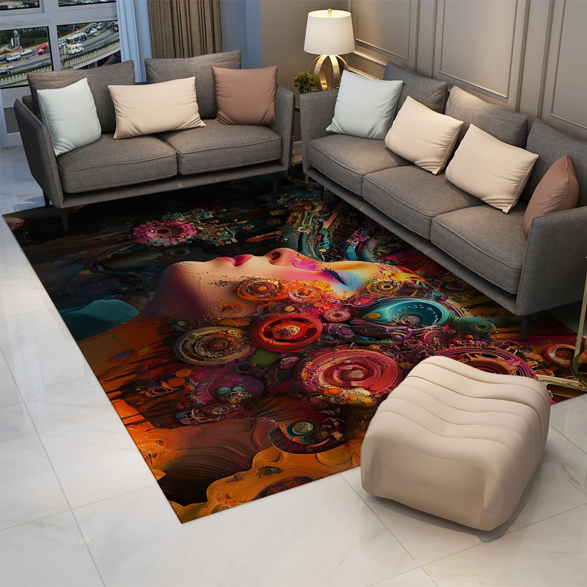 180x240cm Tapis Visage de Femme surréaliste Lavable