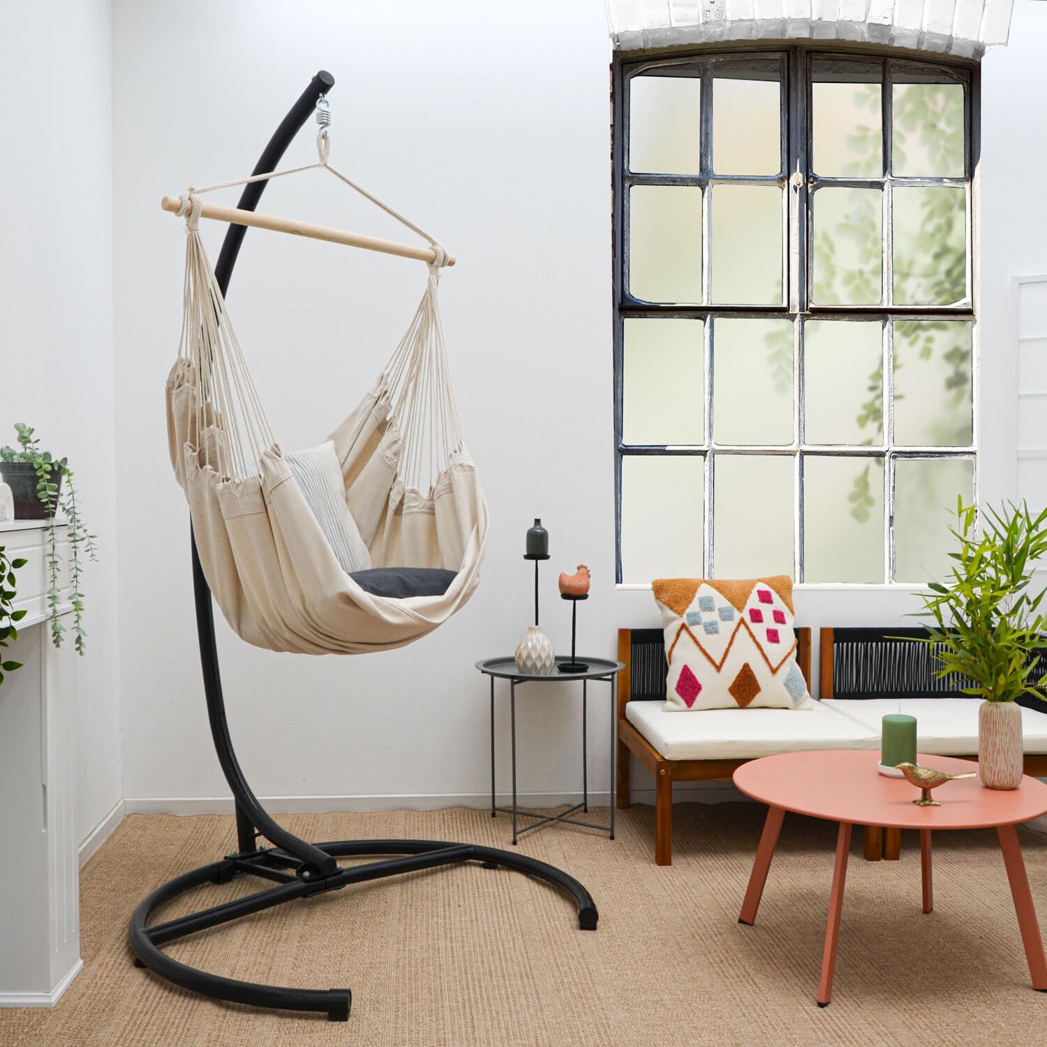 AMANKA Silla Colgante XL de 155x125 cm - 1 Persona Hamaca Columpio hasta 100 kg - Sillón Relax para Interior y Exterior - Balancín con Barra de Madera - Nido Cómodo para Balcón, Terraza o Habitación