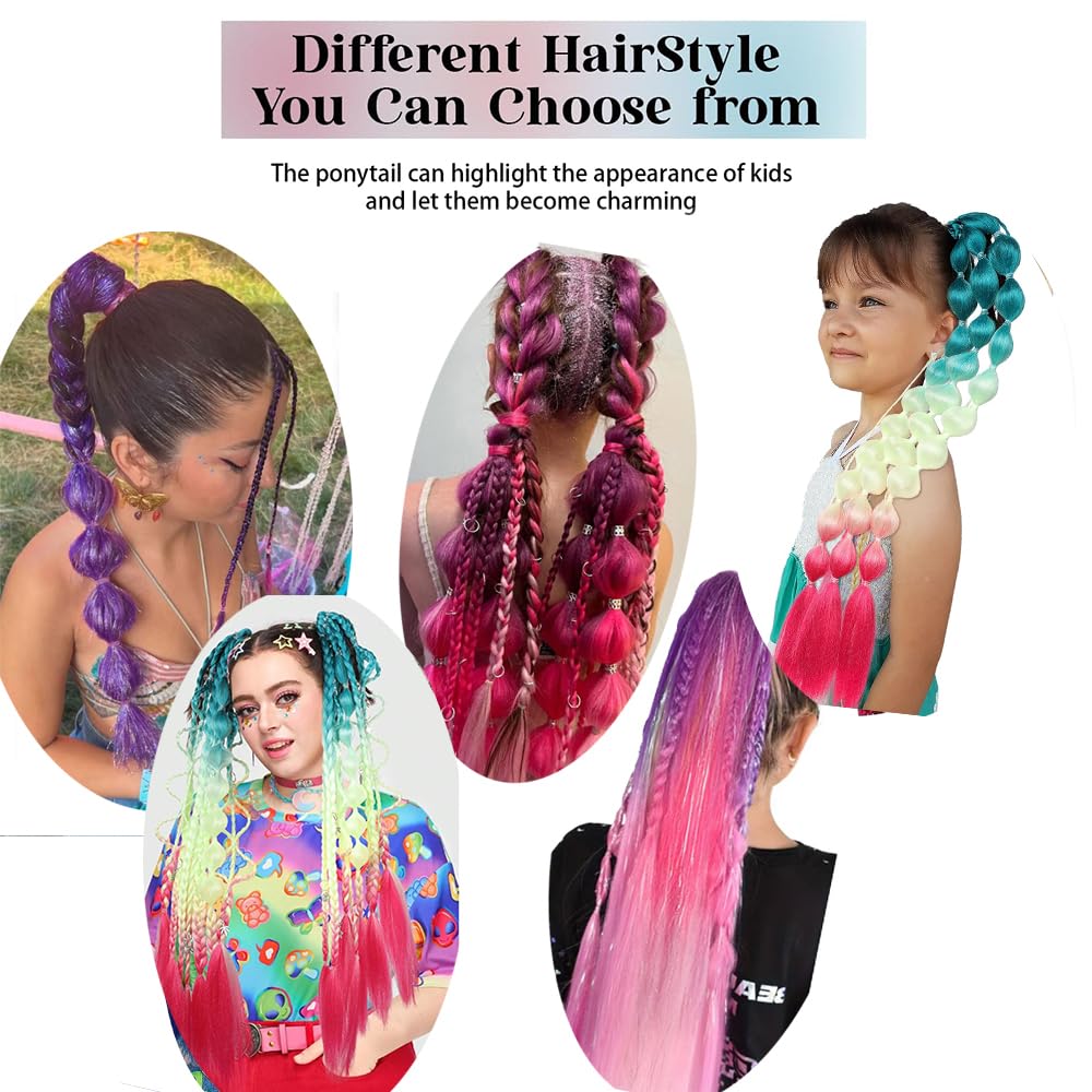 Rainbow Ponytail Extension With Hair Tie Coloured Hair Extension for Braiding Mermaid Glitter Pony Tail Hair piece for Daily Party Costume DIY Braids Blue white pink - Image 4