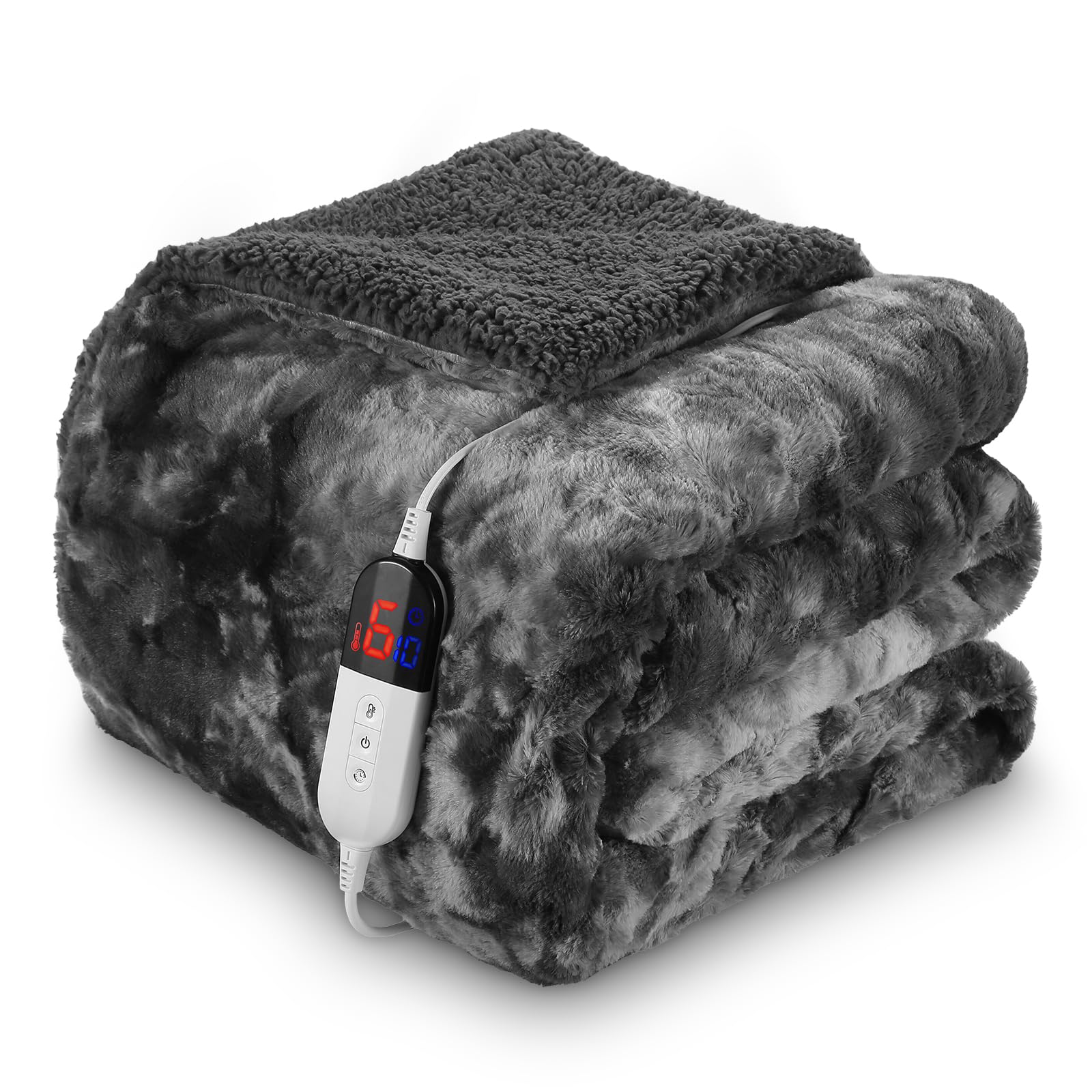 CURECURE Electric Heated Soft Faux Fur Sherpa Blanket Throw 180 X 130cm, 6 Heating Levels ...