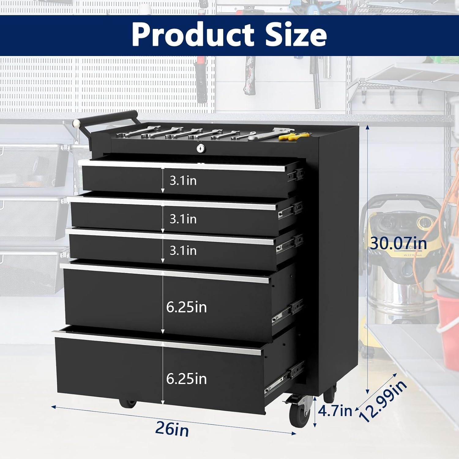 IDEALHOUSE Rolling Tool Chest, 5 Drawers Tool Storage Cabinet, Toolbox with Wheels, Portable Tool Cabinet Organizer with Locking System & Drawer Liners, Tool Storage Cart for Garage, Workshop, Black