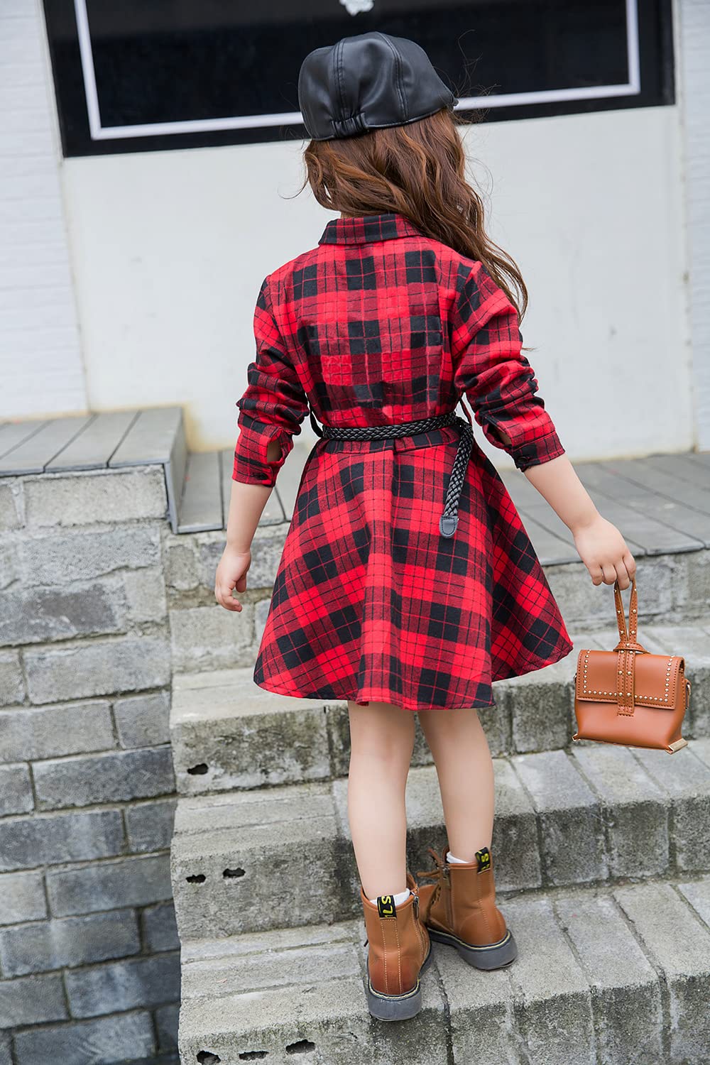 AGQT Blusas Vestido Bebita Traje de Navidad, Vestido de Camisa de Rayas Ropa Casual Manga Larga con cinturón, Talla de Camisa a Cuadros Buffalo Tamaño 3-11T