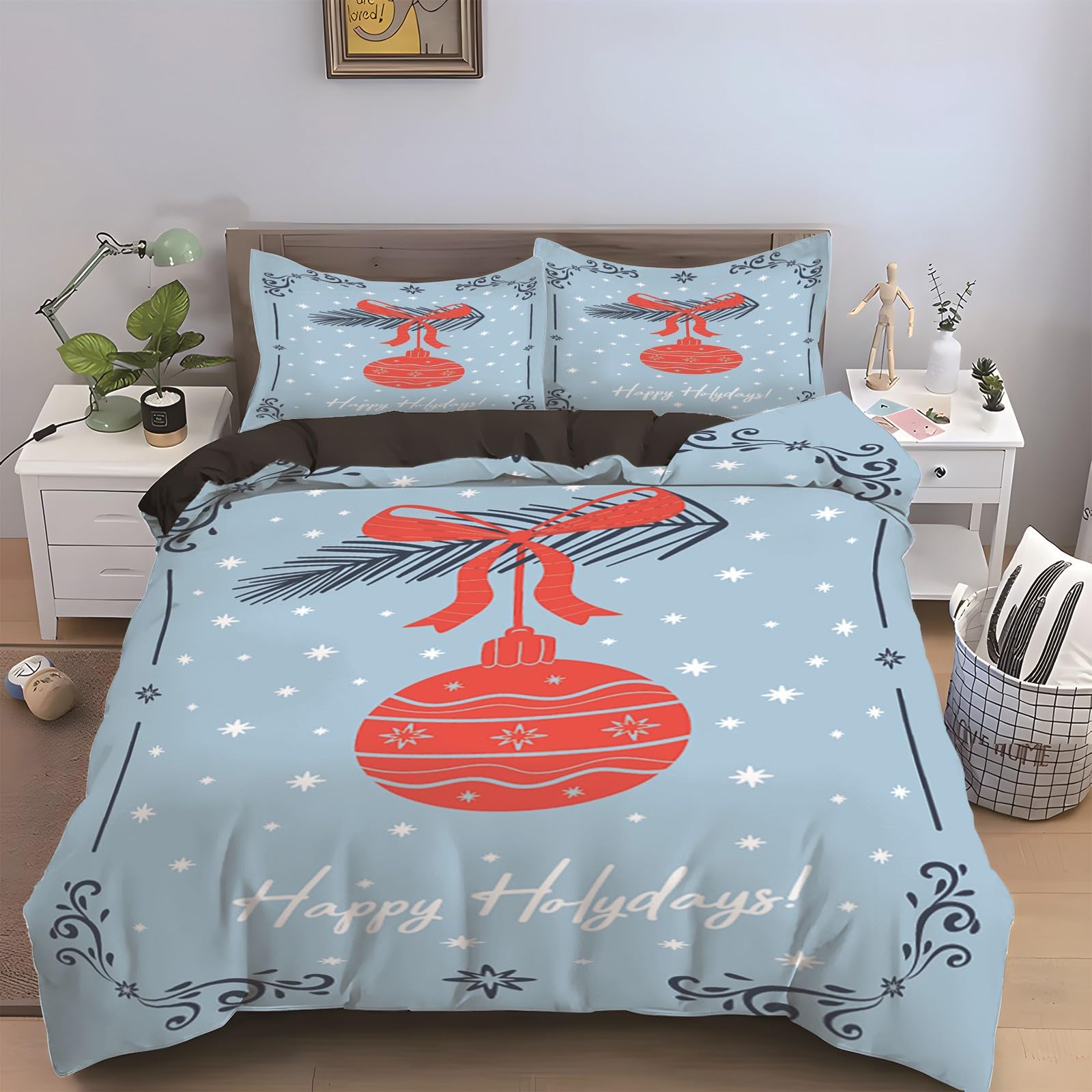 Housse de couette 220x240 boules de Noël avec 2 taies d'oreiller