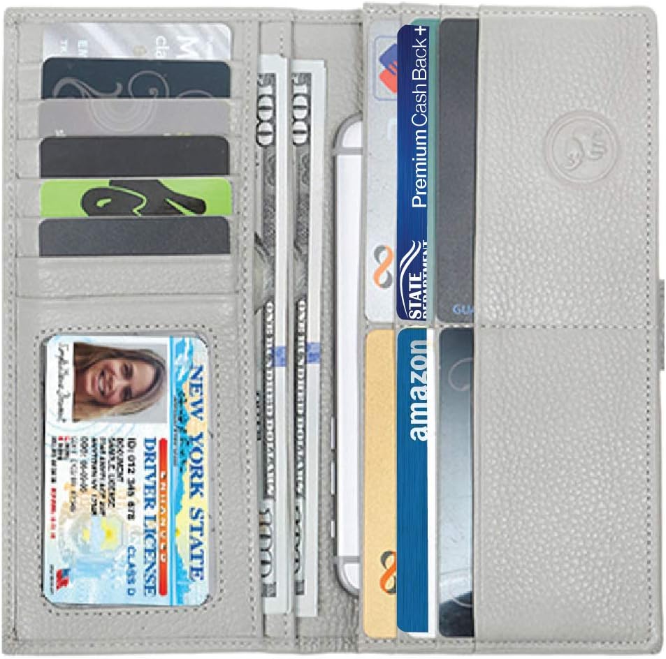 Emanuel Slim Women's Leather Wallet (Light Grey) – RFID-Blocking Large Capacity Clutch with Phone Holder, ID Window – Premium Cowhide Leather Zippered Ladies Purse & Military Shielding Technology