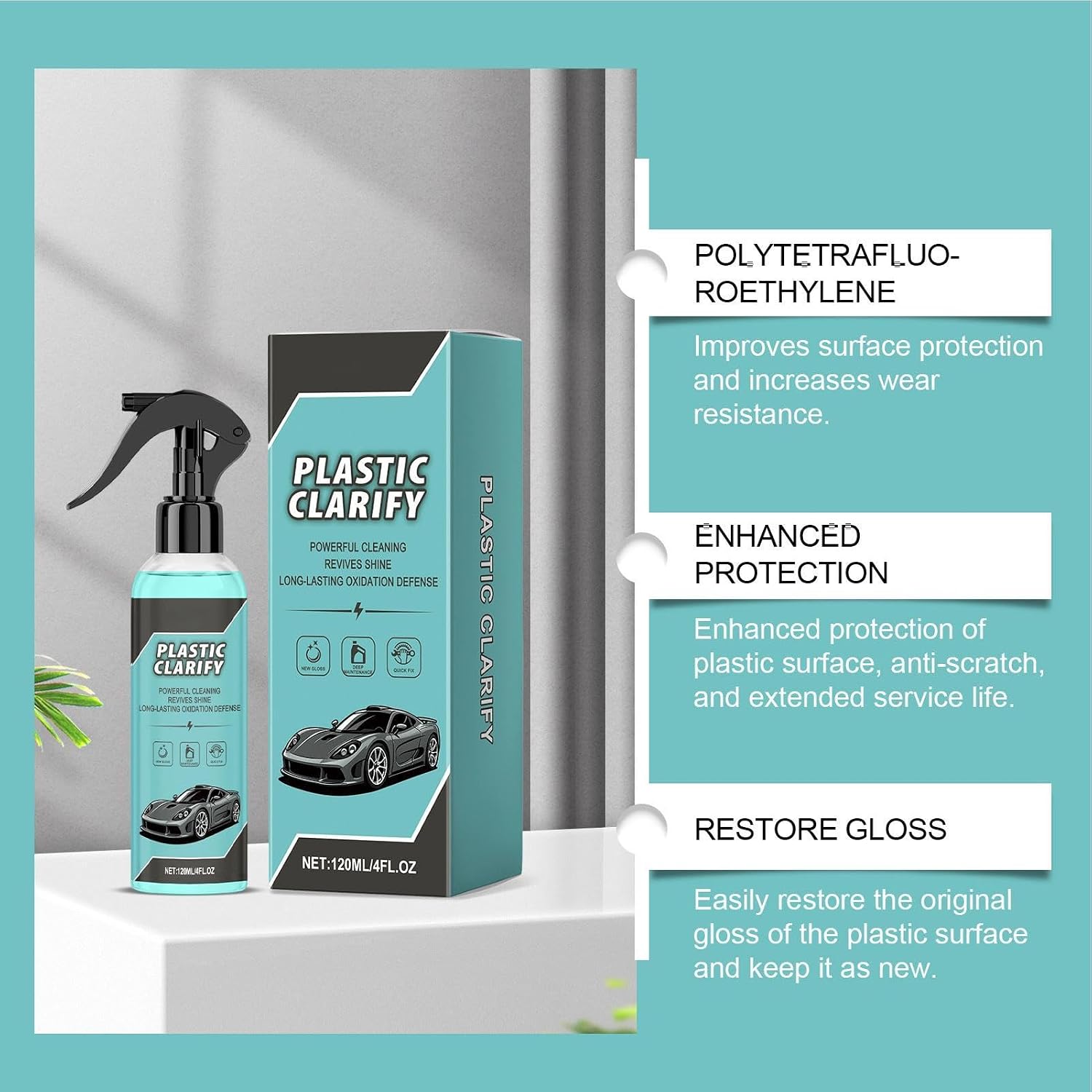 Premium Trim Restorer, Car Interior Cleaner, Leather Seat Spray, Dashboard Shine Protection Solution, Foam Applicator Sponge Kit, Automotive Care for Vehicles, Trucks, SUVs