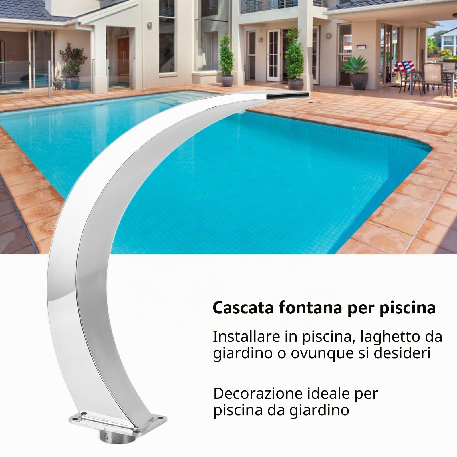Fontana a cascata per piscina, con filettatura interna G1, in acciaio inox 304, design arrotondato, curvo, fontana per parco giochi