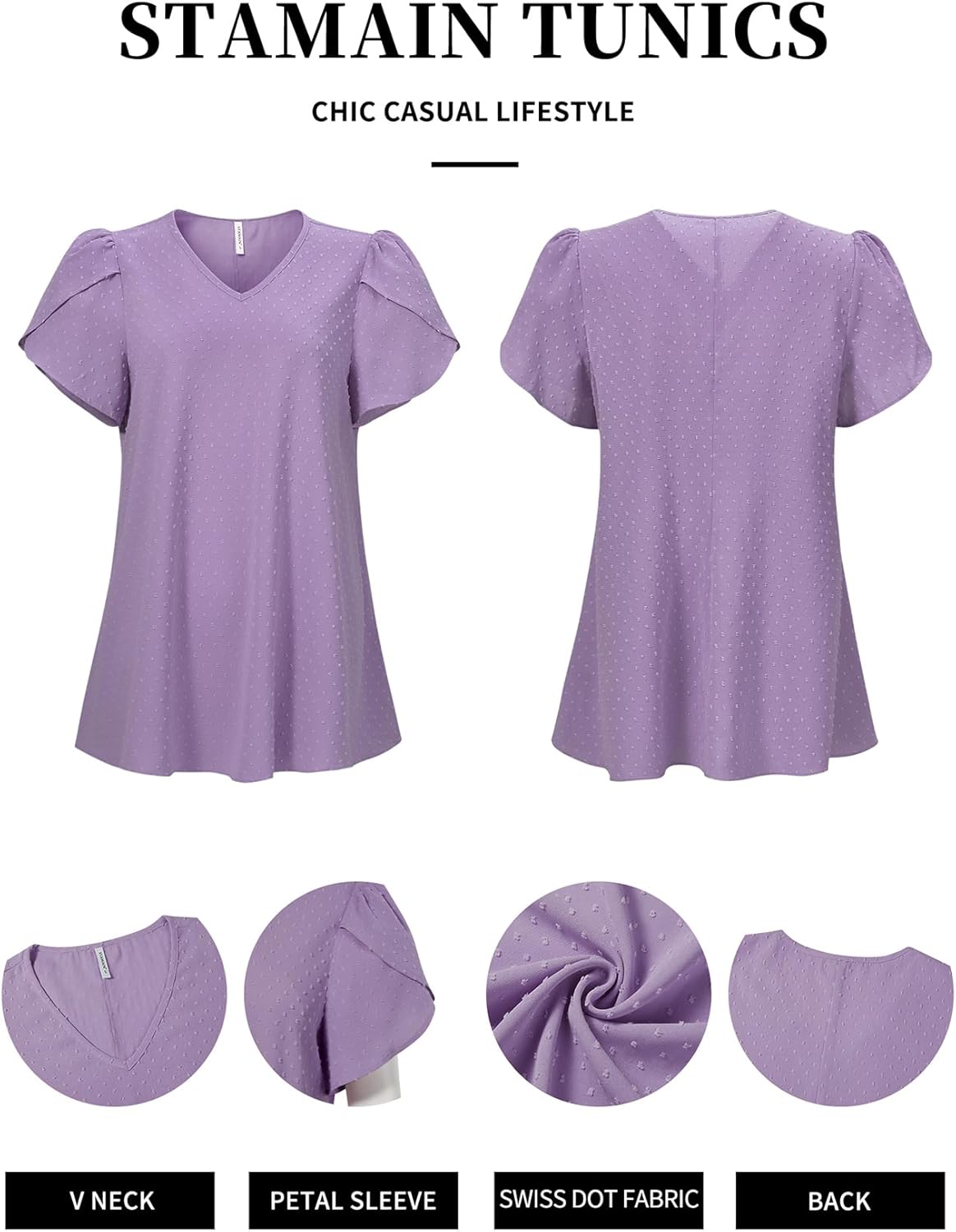 Womens Tops Dressy Casual Swiss Dot V Neck Ruffle Tunic Blouse for Women Cute Petal Short Sleeve Pom Pom Shirt Office - Image 6