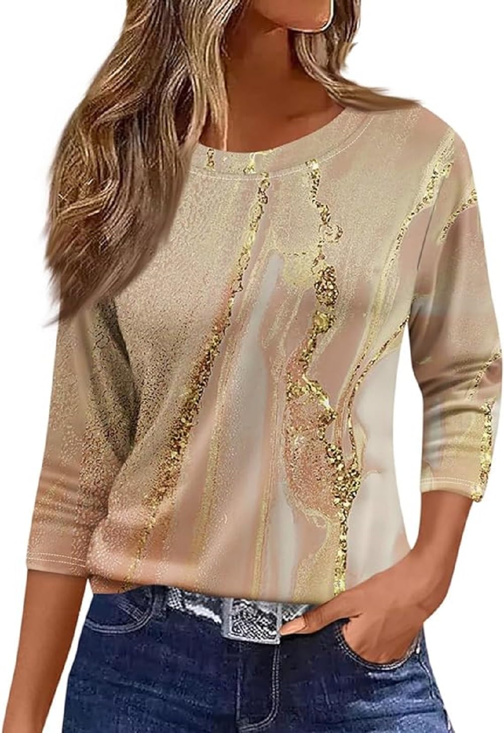 3/4 Length Sleeve Womens Tops Crewneck Casual Trendy Blouses Three Quarter Length Fashion Floral Tshirts Basic Tunic Tops