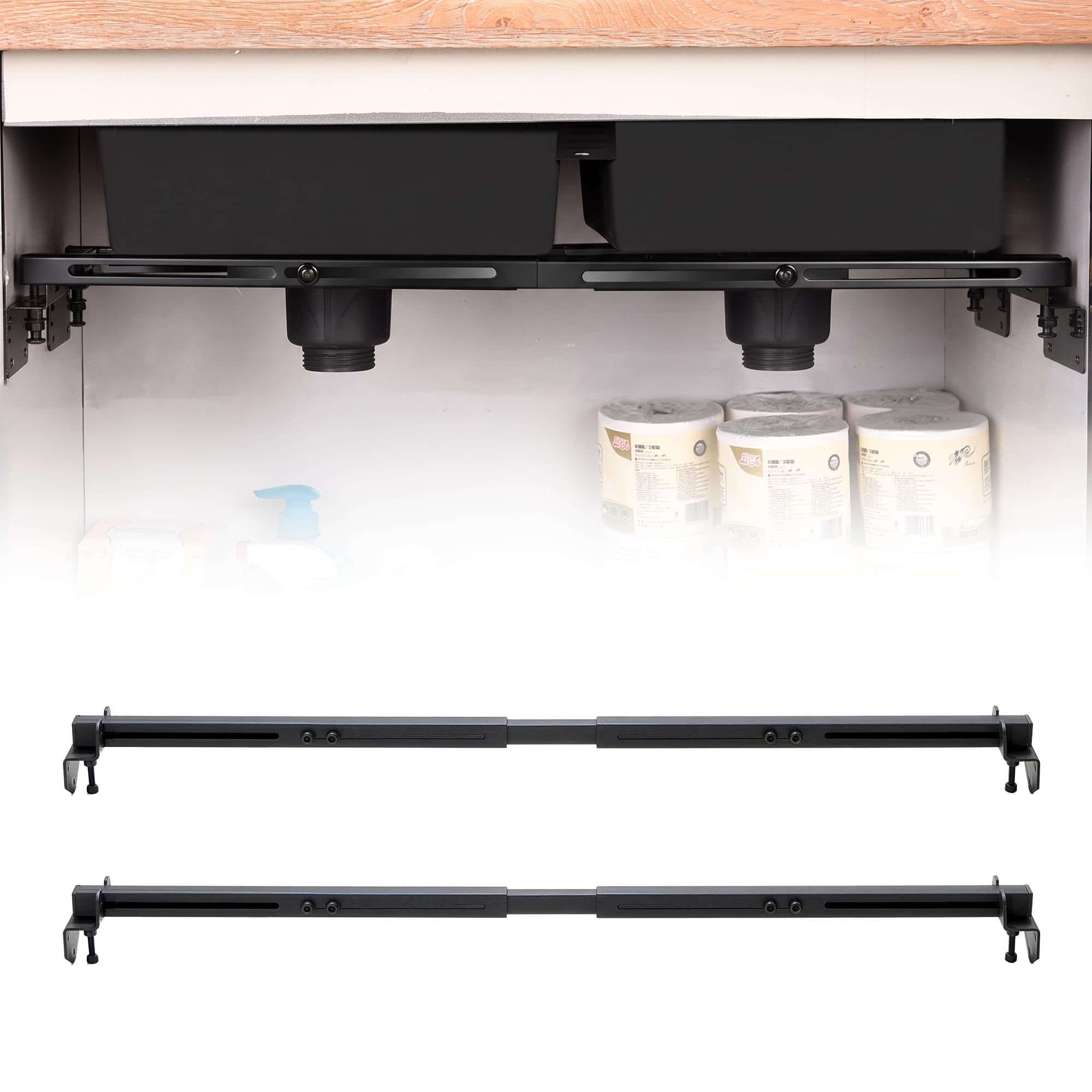 2Pcs Undermount Sink Brackets: 71-100cm Adjustable Stainless Steel Sink Supports Brackets Heavy Duty Undermount Sinks Mounting Bracket for Kitchen Bathroom (Black)