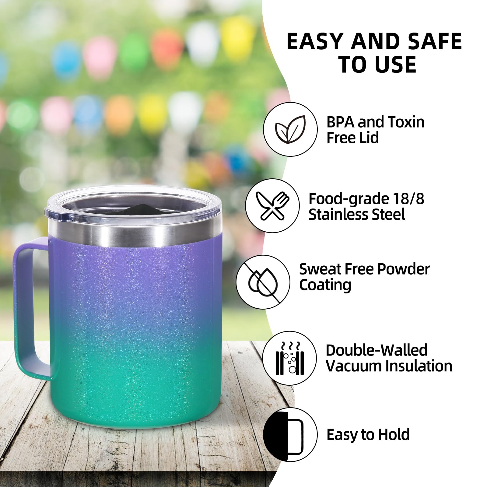 Volhoply Lot de 4 tasses à café isothermes en acier inoxydable de 414 ml avec couvercle – Tasse à café de voyage à double paroi sous vide avec poignée – Gobelet réutilisable pour garder au chaud