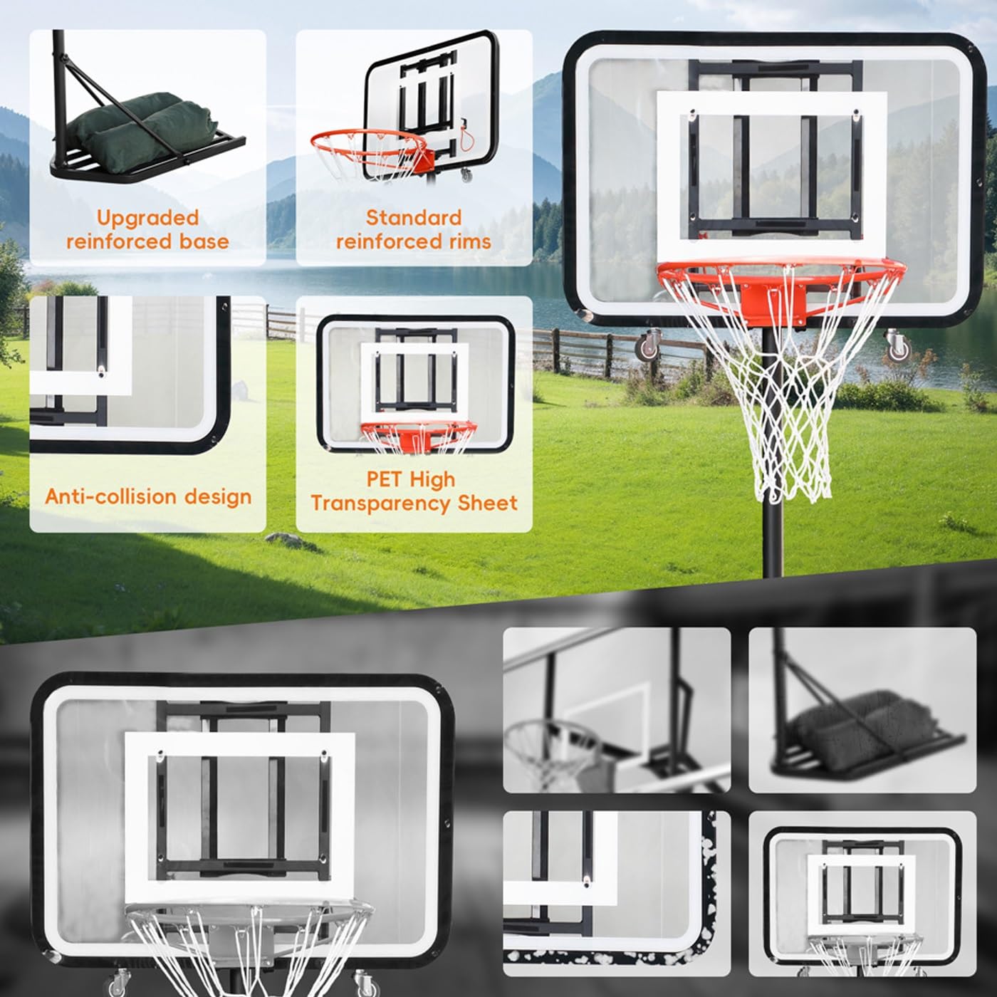 Canestro da basket portatile, supporto pieghevole regolabile in altezza per giochi all'aperto, uso scolastico in cortile