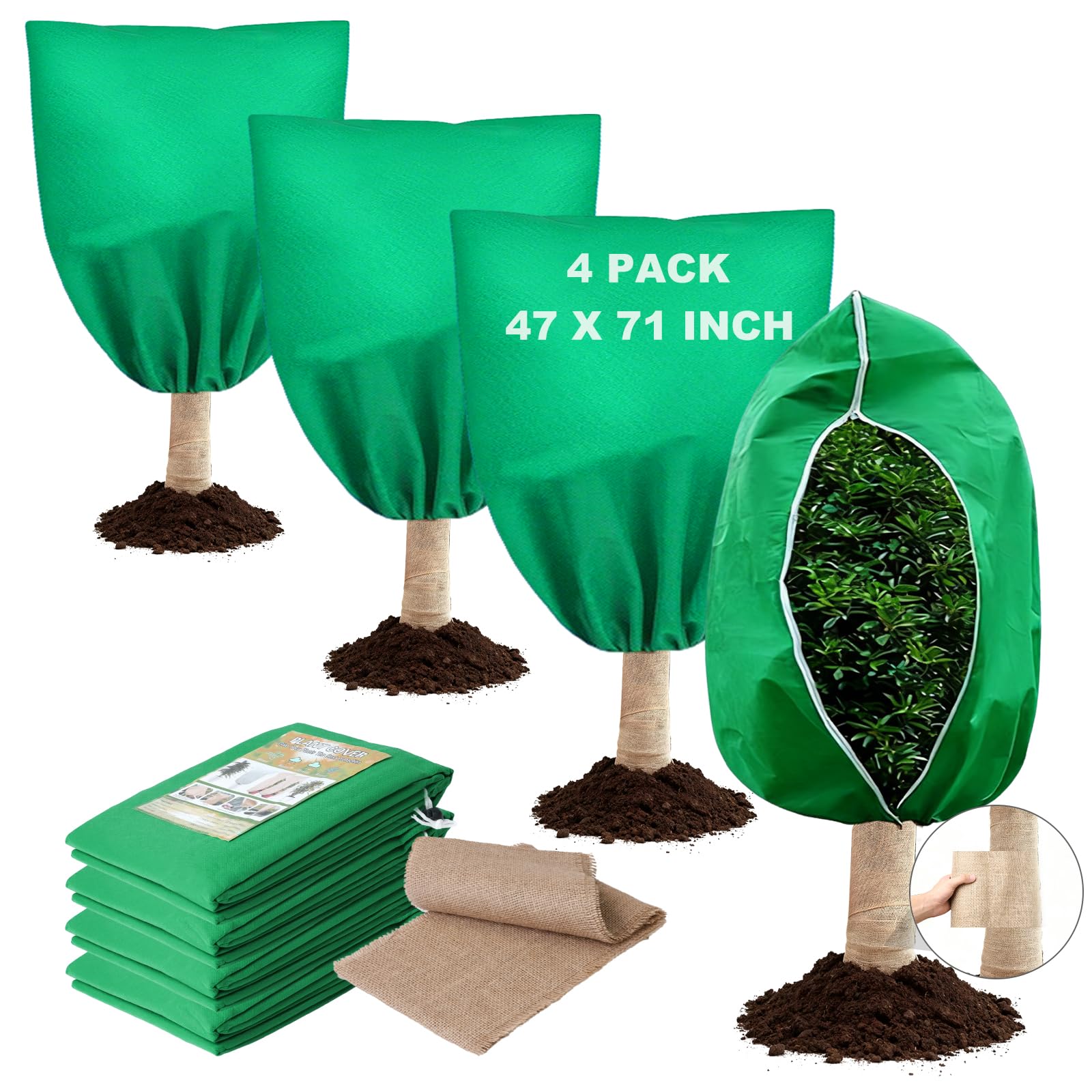 4 Pack 47 x 71 Inch Plant Covers Freeze Protection, Frost Cloth Plant Freeze Protection With Burlap Tree Wrap, Reusable Breathable Freeze Blankets With Drawstring for Fruit Tree Shrub Potted