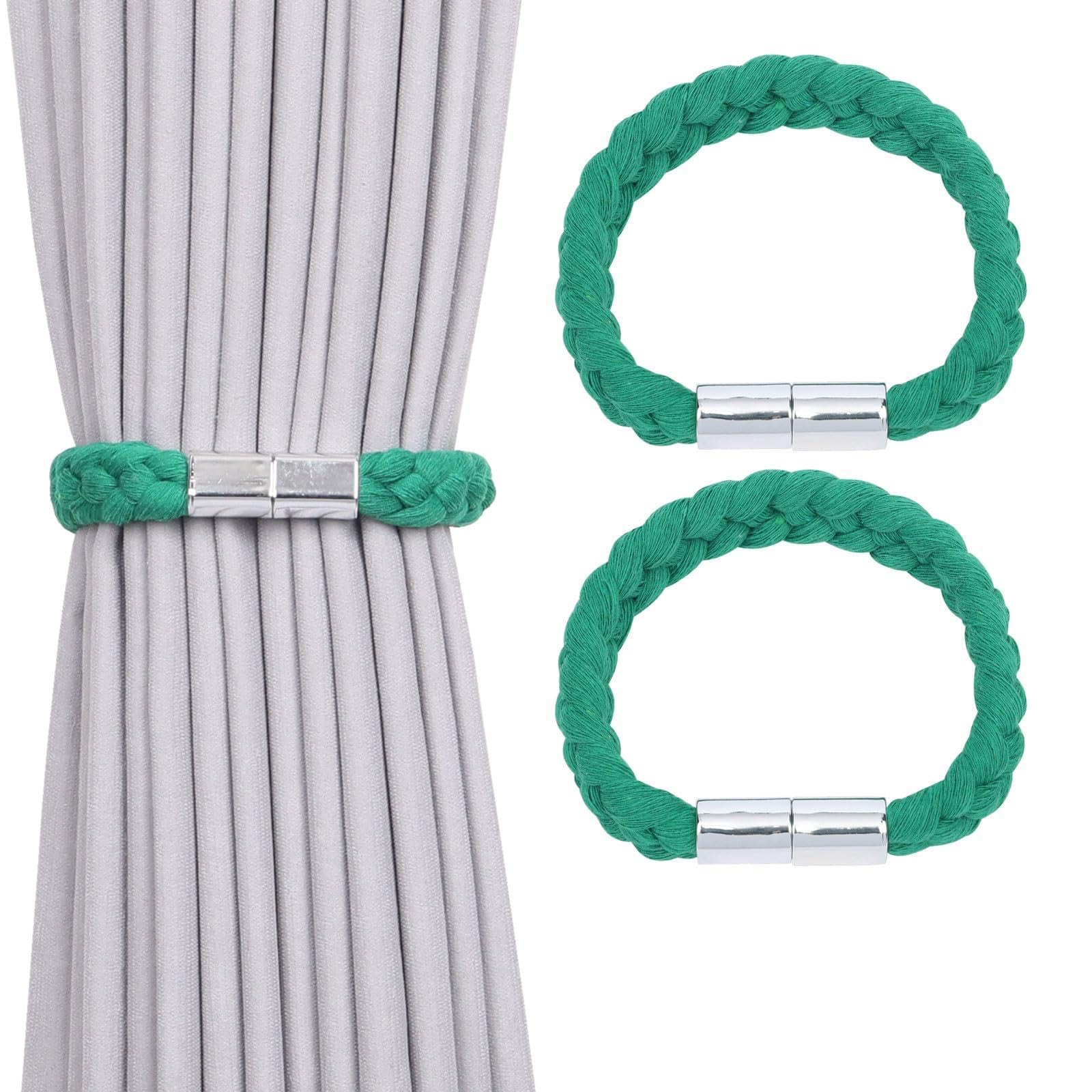 Pretty Jolly 2 Pack Twisted Braid Rope Magnetic Curtain Tiebacks Elegant Hand-Woven Style Drape Tie Backs Soft Natural Cotton Rope Curtain Holdbacks for Home & Office Window Draperies (Green)