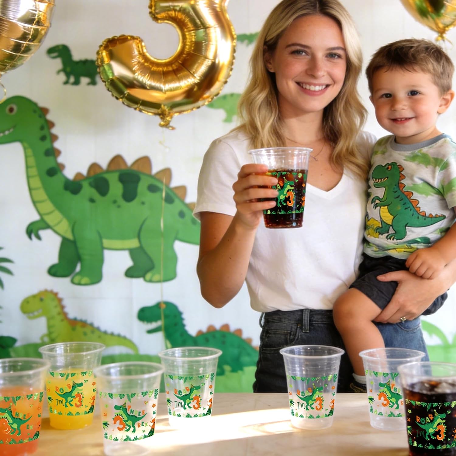 50 PCS Dinosaur 3rd Birthday Plastic Cups,12 OZ Clear Disposable Cold Hot Drinking Cups Beverage Water Container Dino Themed 3rd Birthday Party Supplies