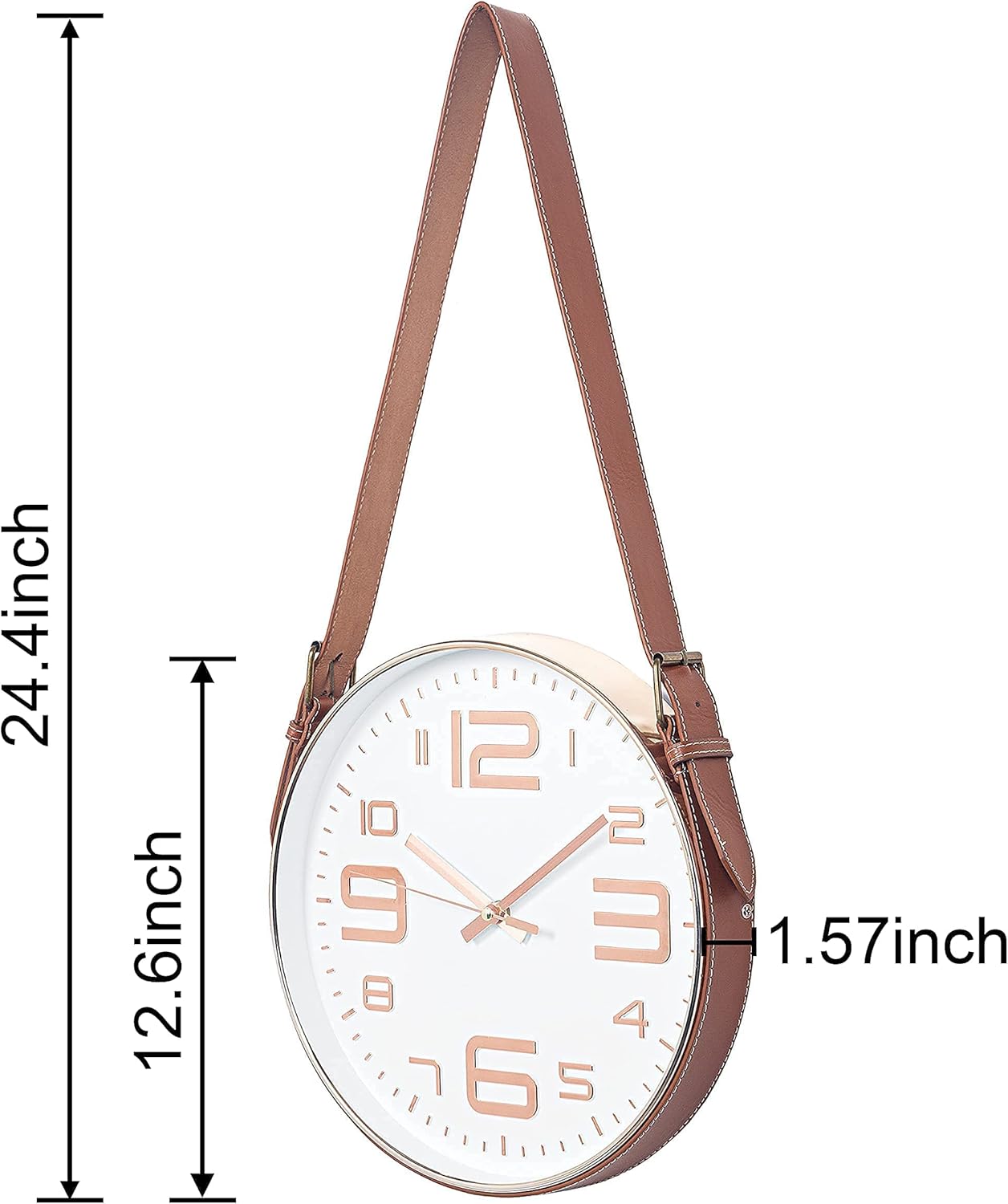 AMYZI 12 Inch Round Gold Wall Clock for Room Decor / Living Room / Kitchen / Bathroom / Office Decor Battery Operated Big Display with PU Leather Belt : Home & Kitchen