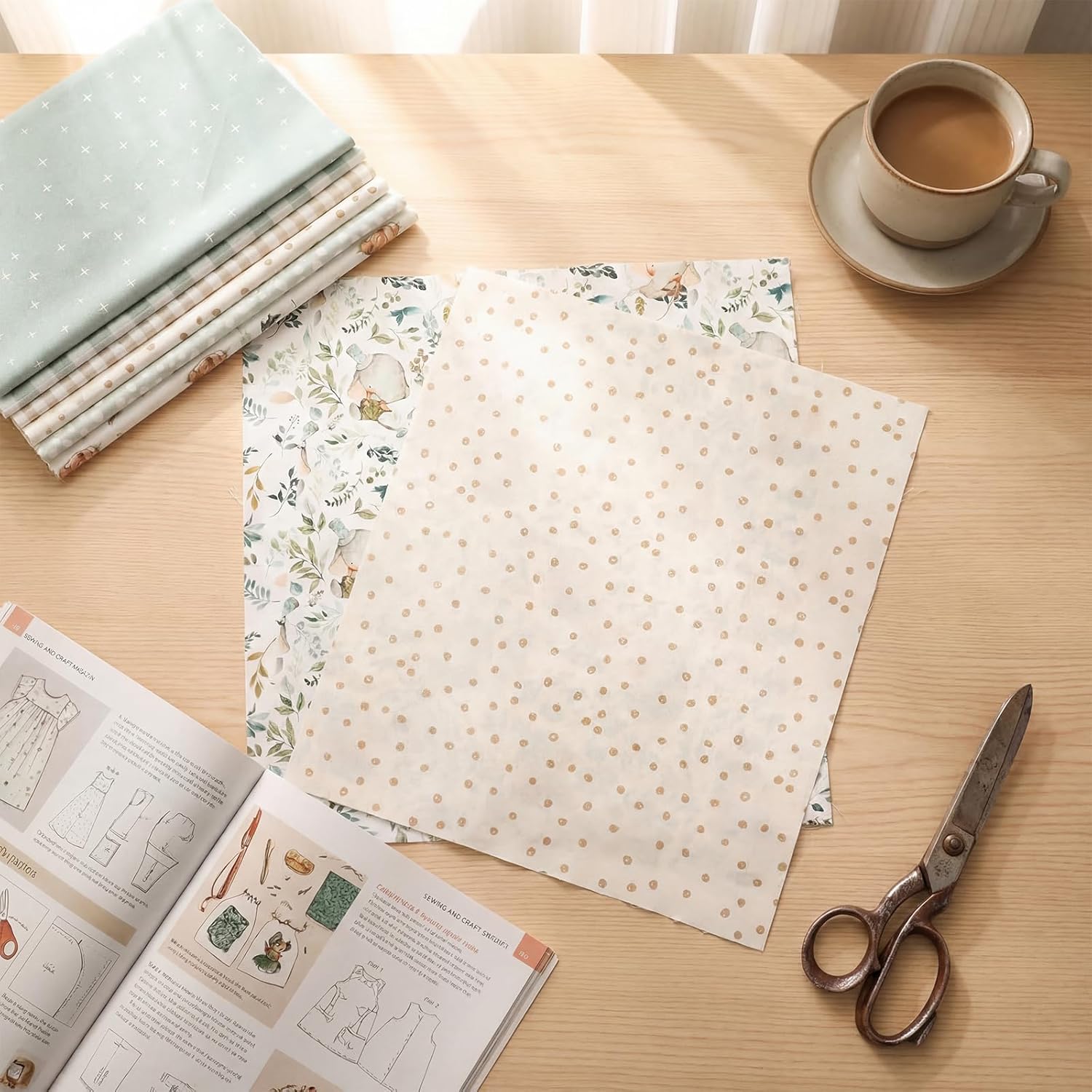 Tigeen 8 Pcs Sage Green Floral Cotton Fabric Bundles 18 x21 Inch Greenery Fat Quarters Fabric for Quilting Vintage Elephant Woodland Bear Leaves Dot Sewing Fabrics for DIY Handmade Craft Party Decor