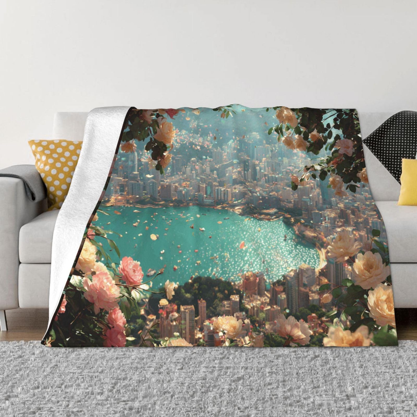 Manta de viaje portátil de 80 x 60 pulgadas, suave, resistente a las arrugas, plegable, exquisito estampado de ciudad costera