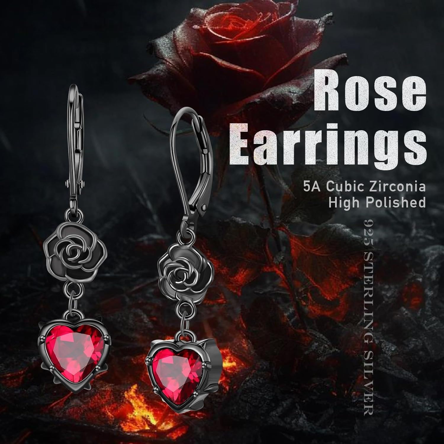 REDSUN Red Heart Earrings for Women 925 Sterling Silver Skeleton Hand/Black Rose Earrings with Red Crystal Hypoallergenic Gothic Jewelry Gifts for Women Her Mother Wife Lover